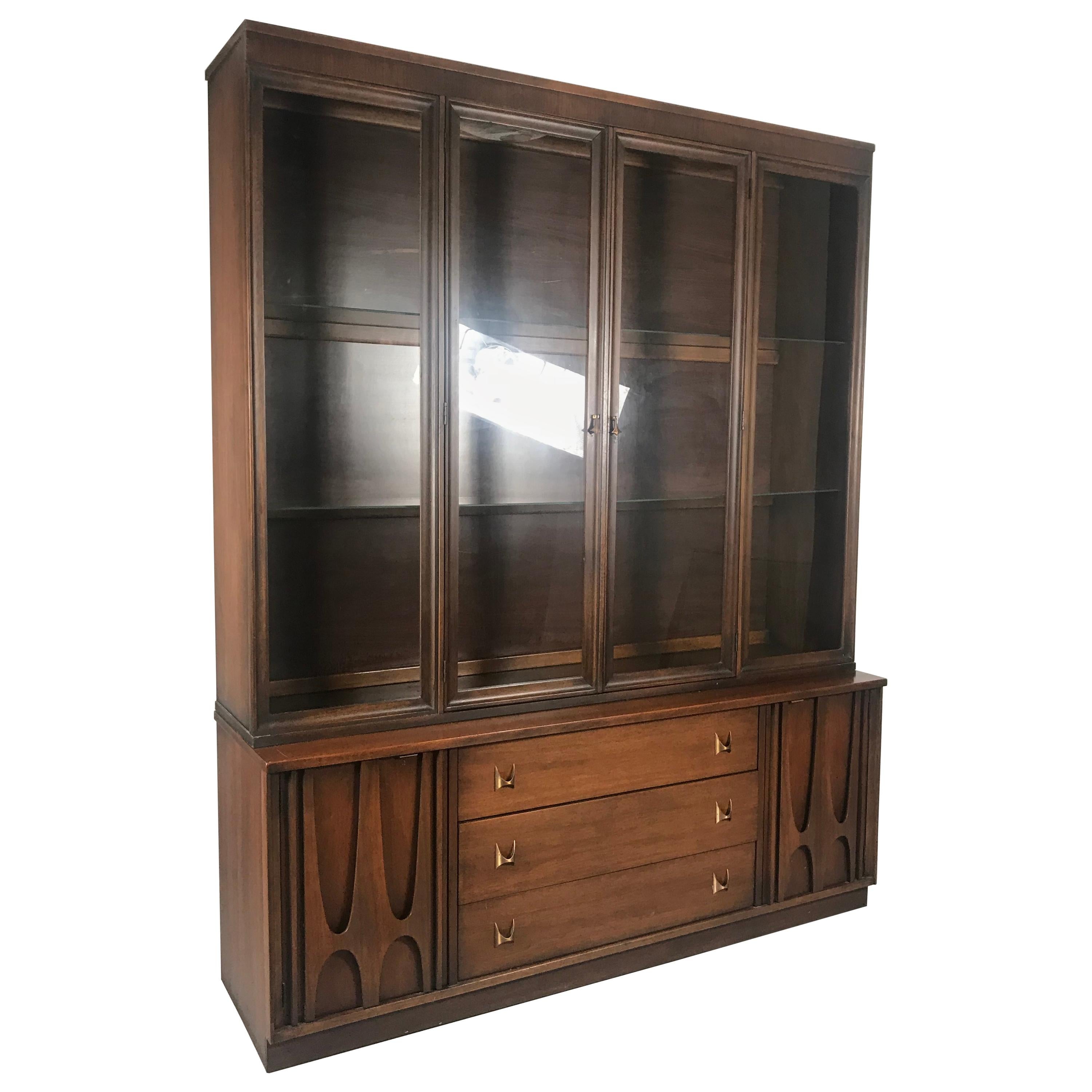 Sculpted Walnut Credenza by Broyhill Brasilia with Detachable China Hutch