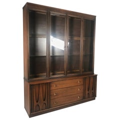 Vintage Sculpted Walnut Credenza by Broyhill Brasilia with Detachable China Hutch