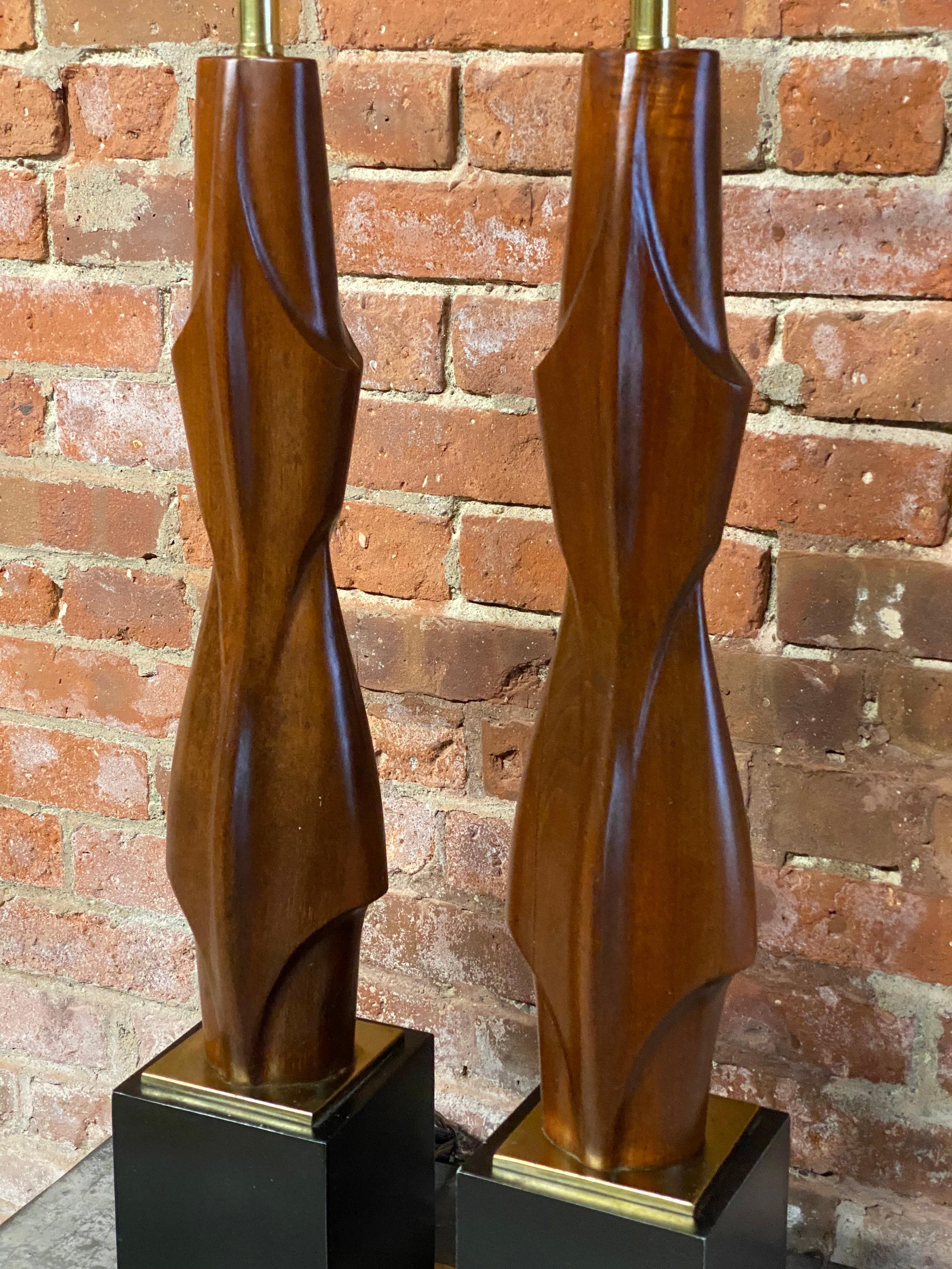 Metal Sculpted Walnut Laurel Table Lamps, a Pair For Sale