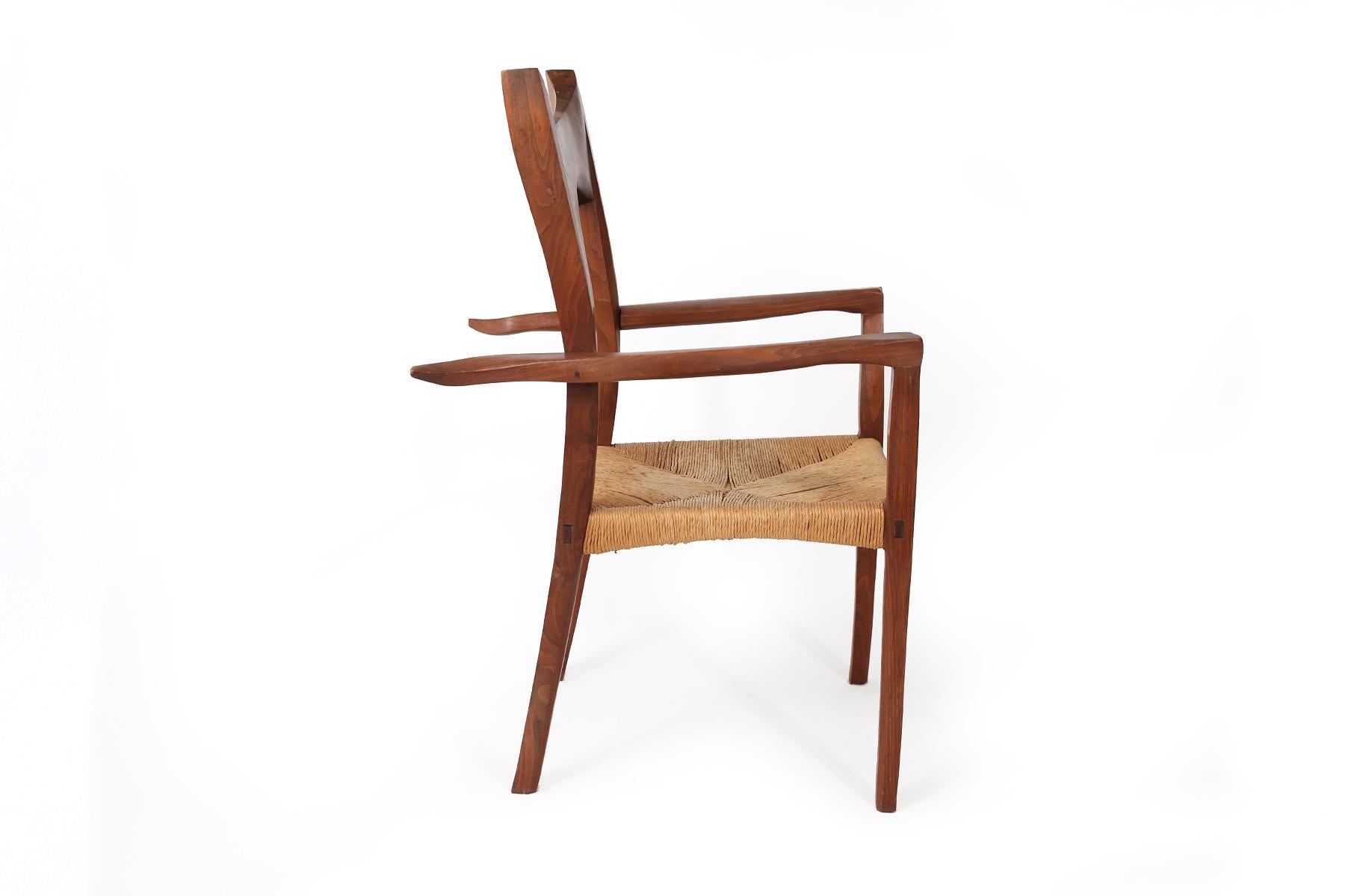 Studio Crafted Walnut & Raffia Midcentury Armchair In Good Condition For Sale In Phoenix, AZ