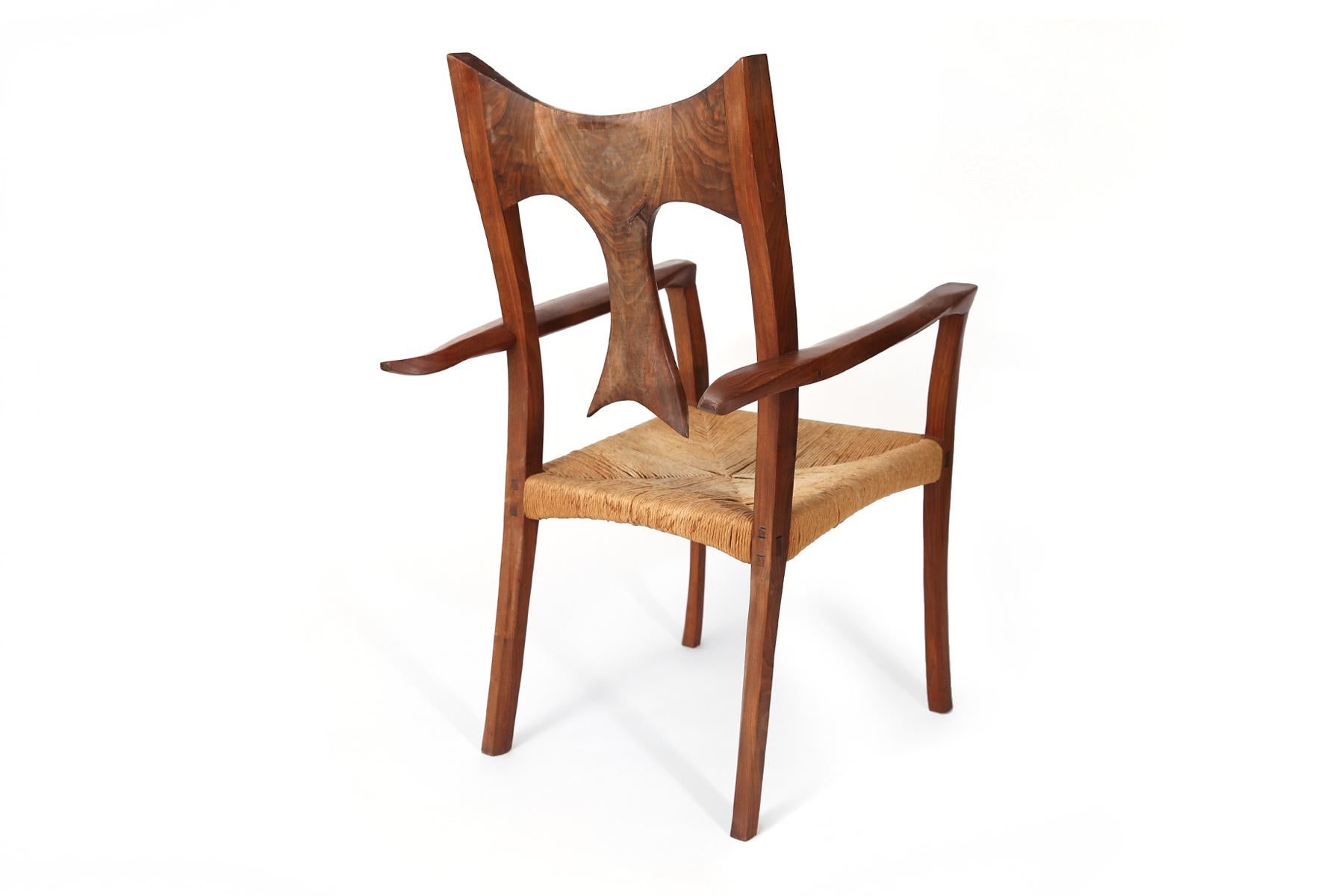 Late 20th Century Studio Crafted Walnut & Raffia Midcentury Armchair For Sale