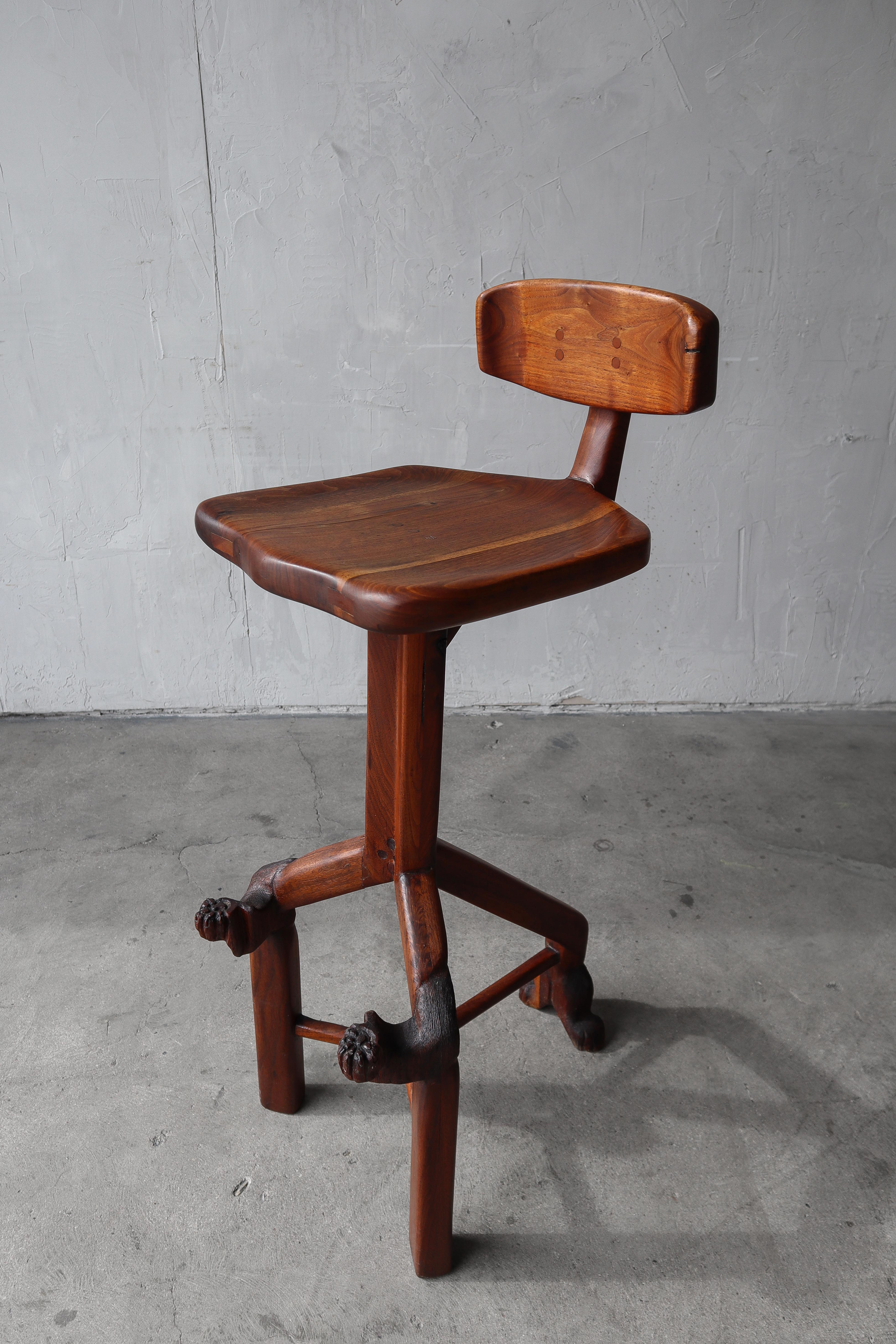Artist signed, La Bounty 1978.  This artist made drafting stool is a true piece of woodworking art.  Beautifully crafted out of the most gorgeously grained, solid walnut.  The expert craftsmanship truly lies in all the beautiful details.  From the