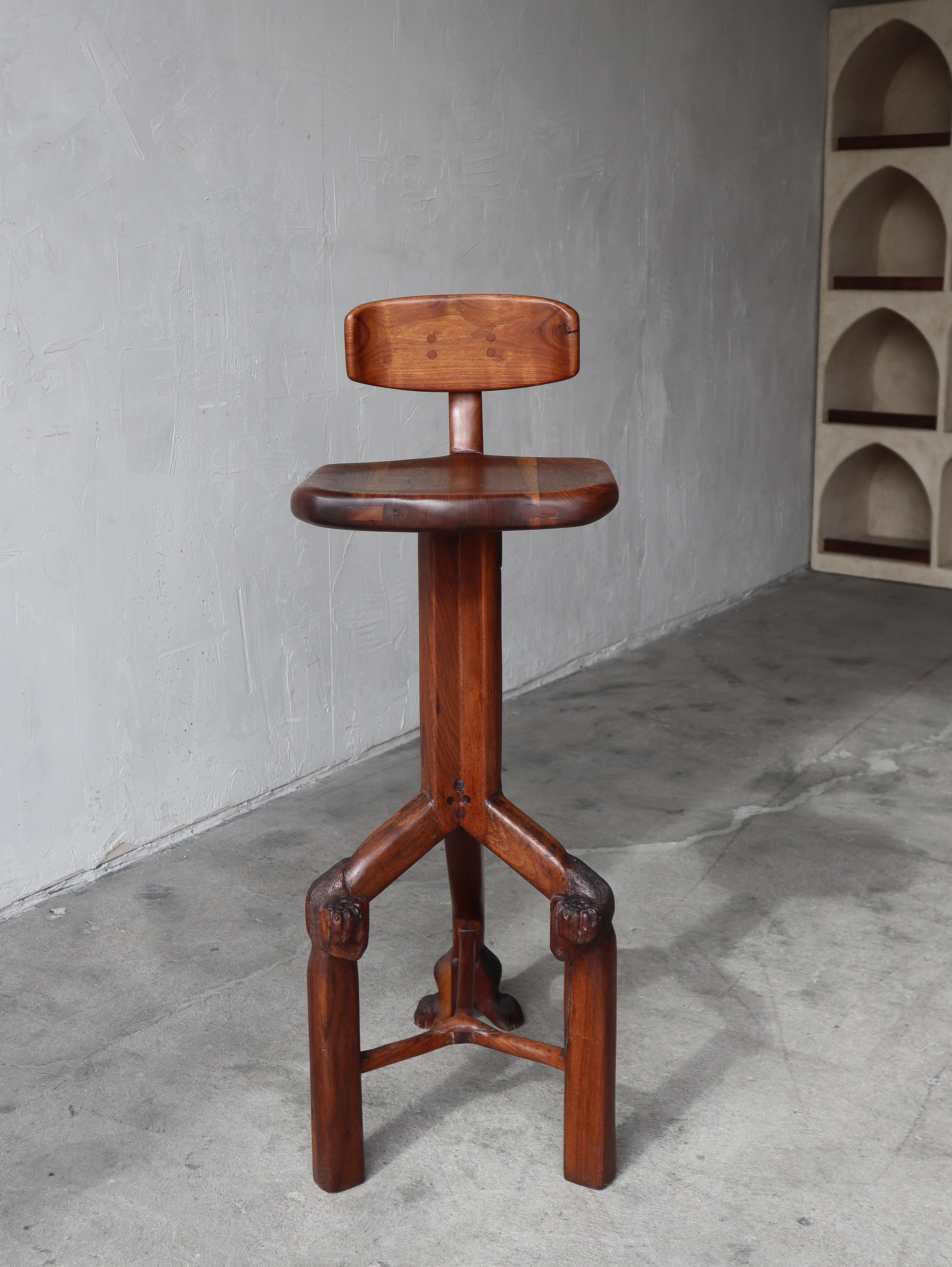 Arts and Crafts Sculpted Walnut Studio Craft Drafting Stool, Signed 1978 For Sale