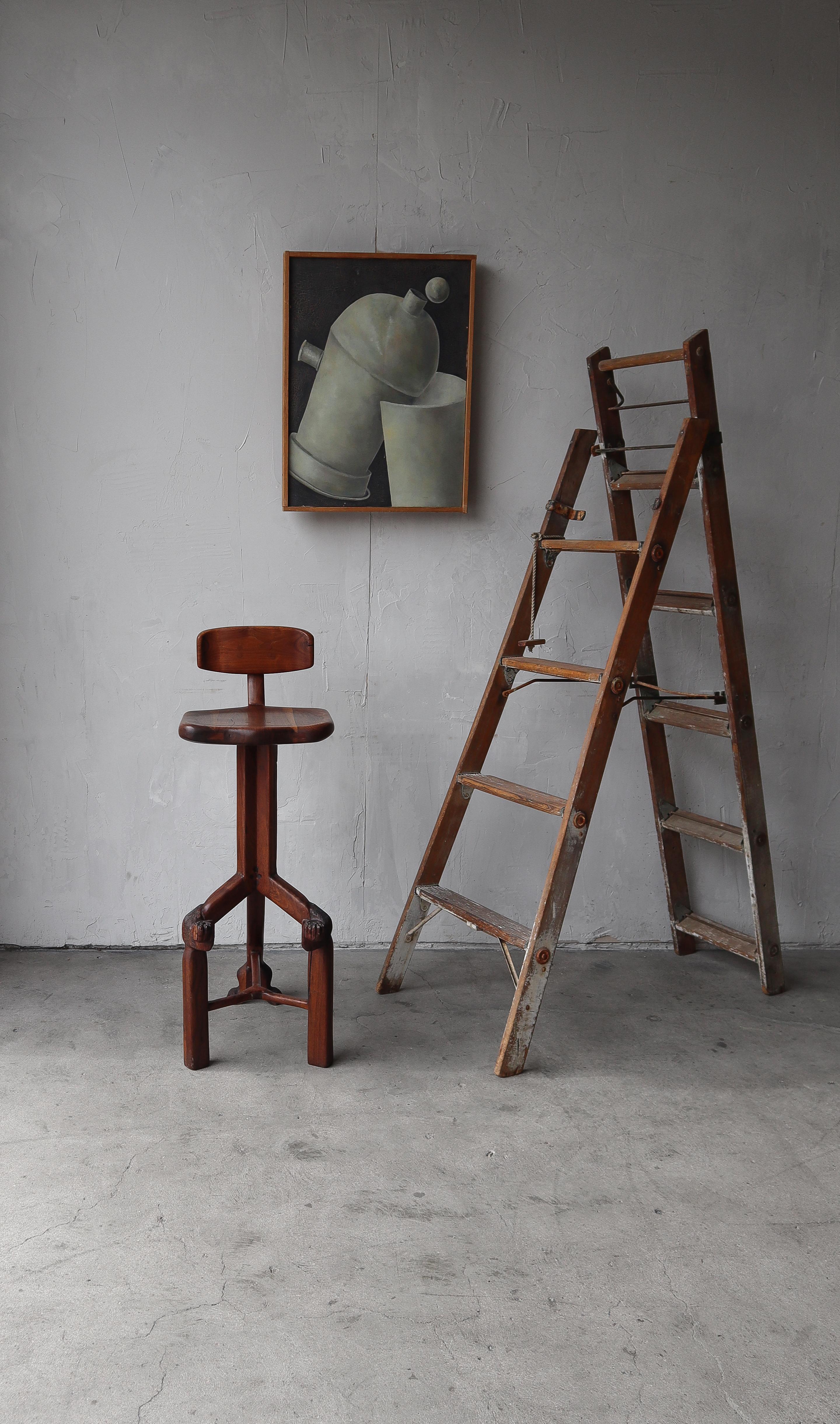 Sculpted Walnut Studio Craft Drafting Stool, Signed 1978 In Good Condition For Sale In Las Vegas, NV