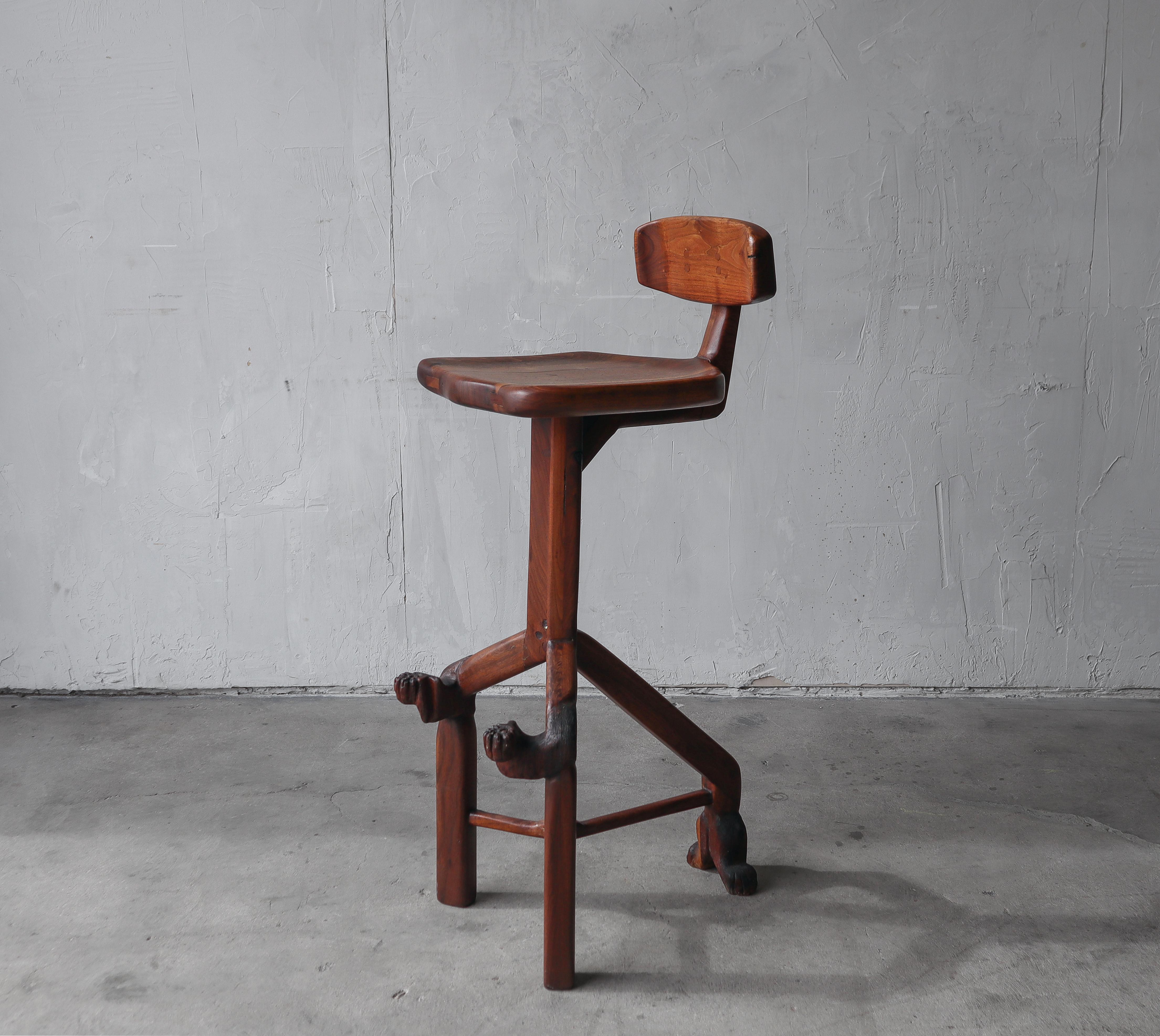 20th Century Sculpted Walnut Studio Craft Drafting Stool, Signed 1978 For Sale