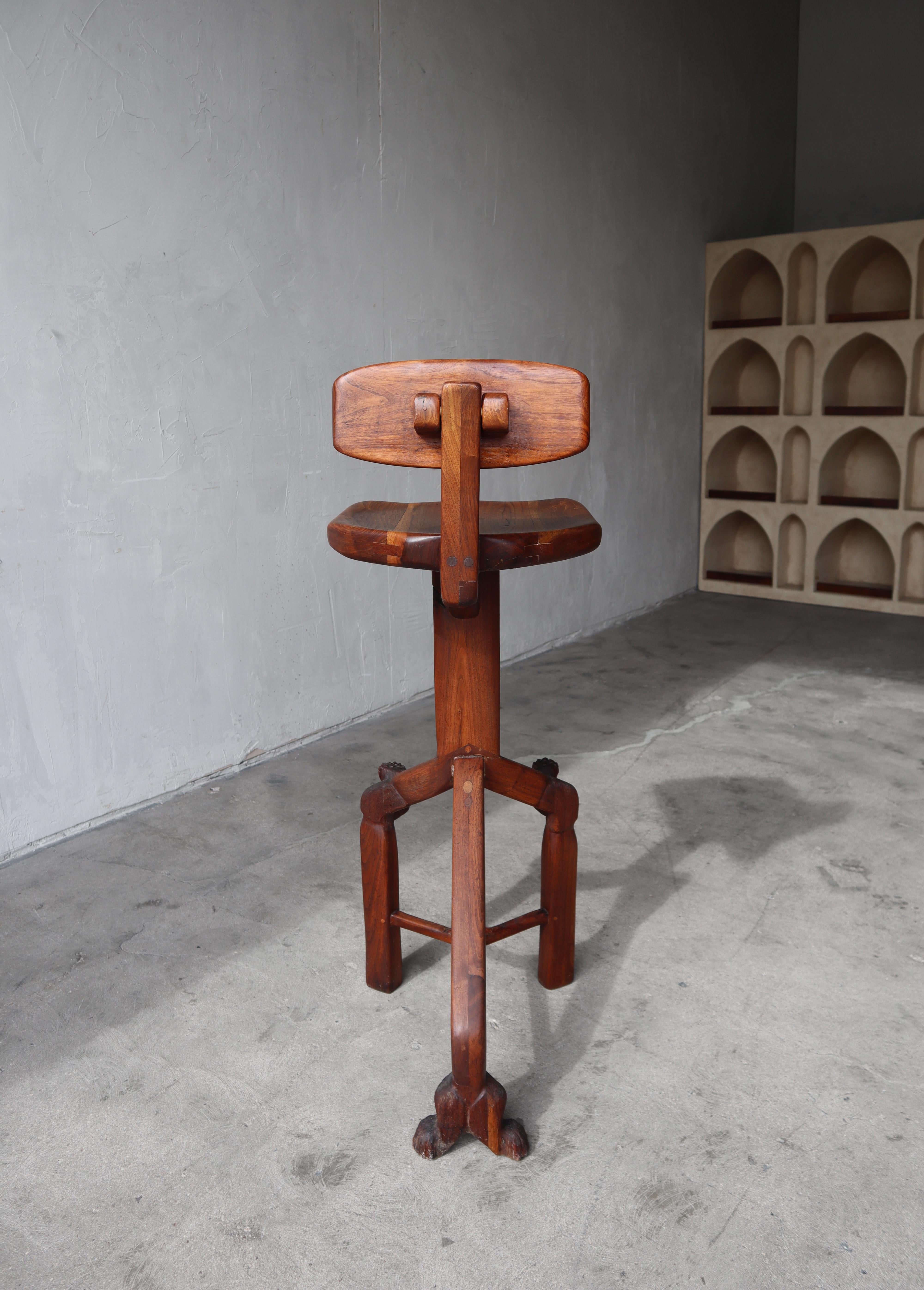 Sculpted Walnut Studio Craft Drafting Stool, Signed 1978 For Sale 1