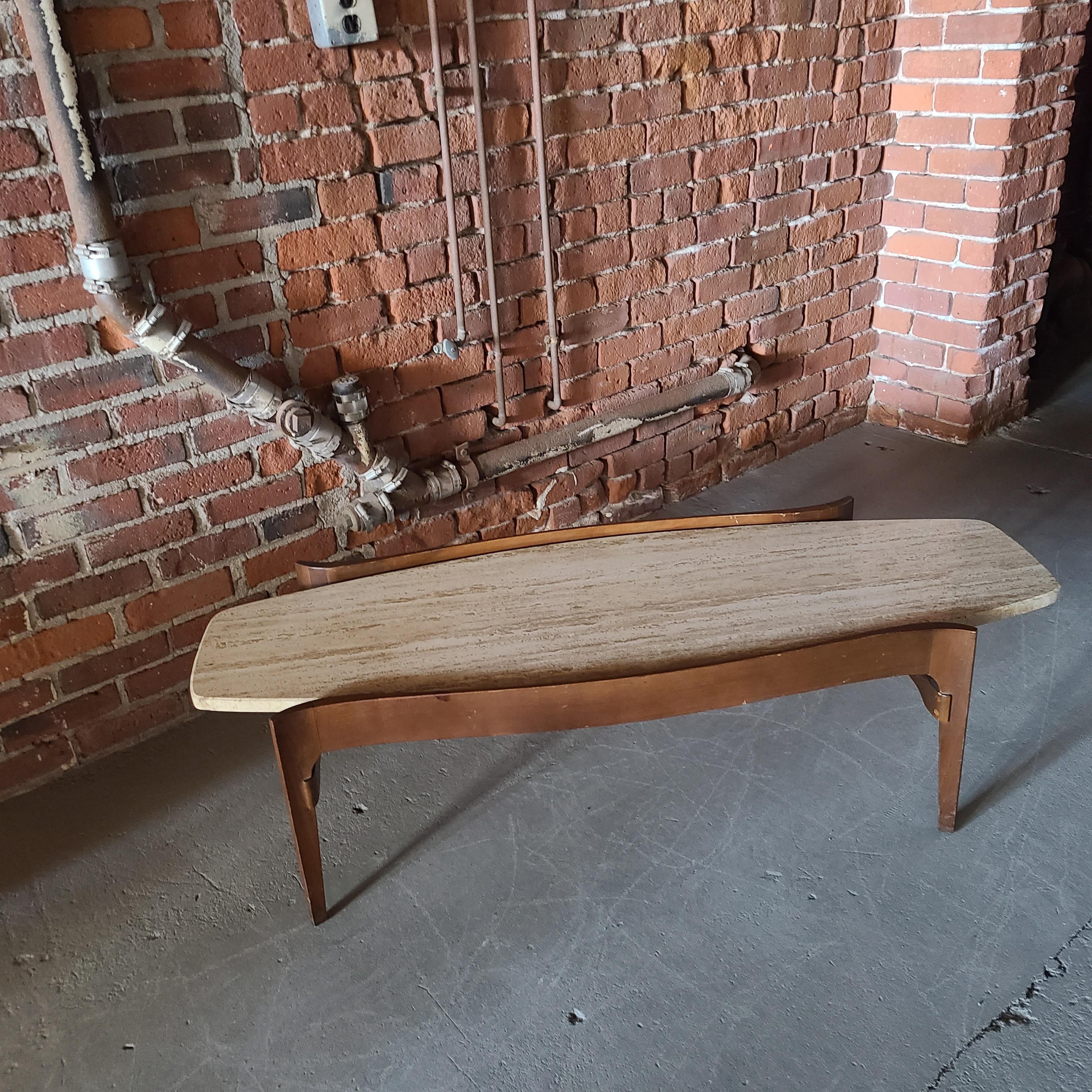 Sculpted Walnut Travertine Surfboard Coffee Table Style of Bertha Schaefer In Good Condition In Fraser, MI