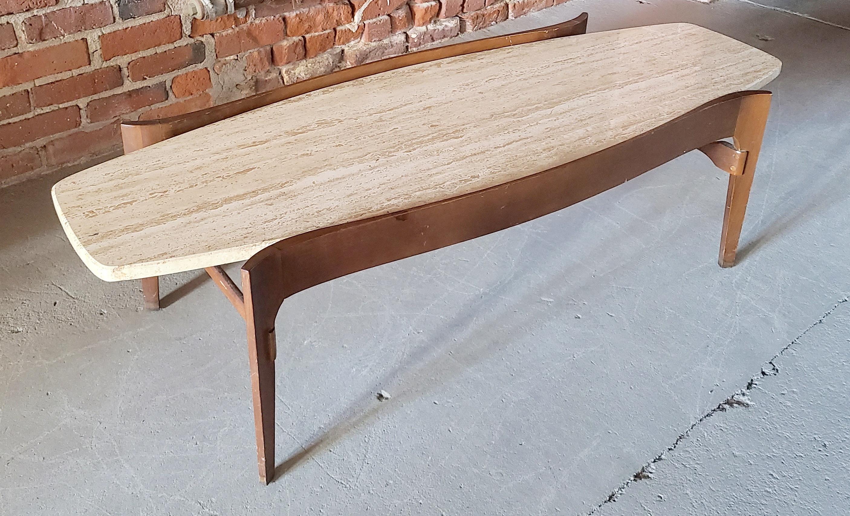 Sculpted Walnut Travertine Surfboard Coffee Table Style of Bertha Schaefer 1