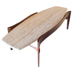 Sculpted Walnut Travertine Surfboard Coffee Table Style of Bertha Schaefer
