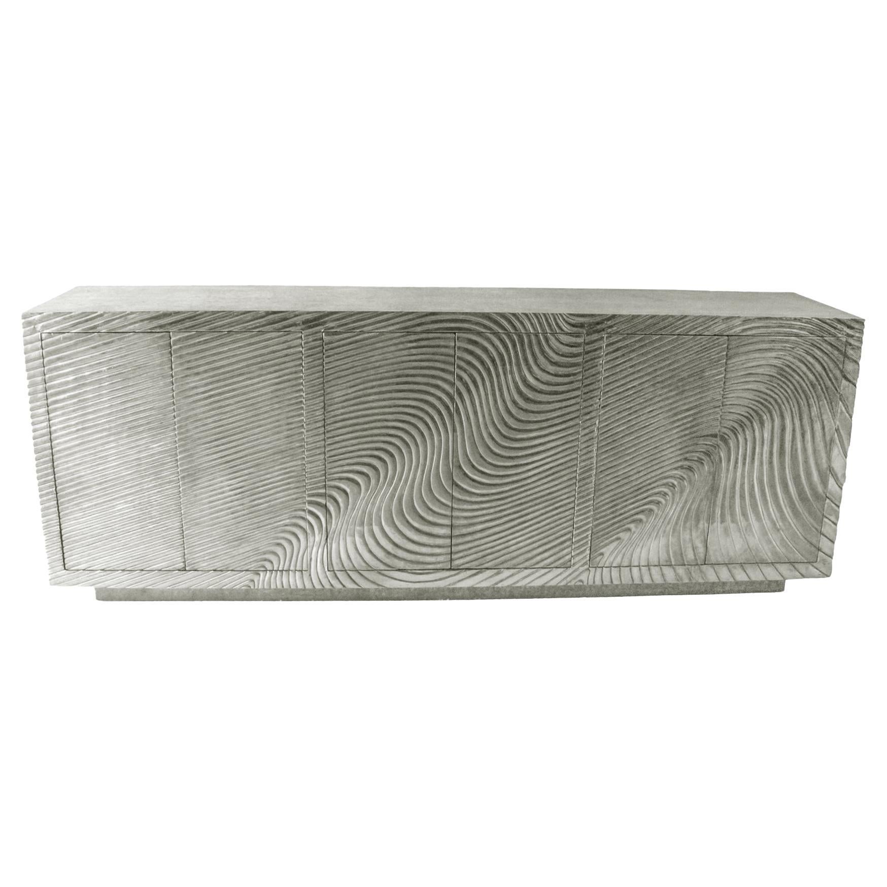 Sculpted Wave Credenza – Carved Metal Sideboard, Buffet Cabinet, 86"