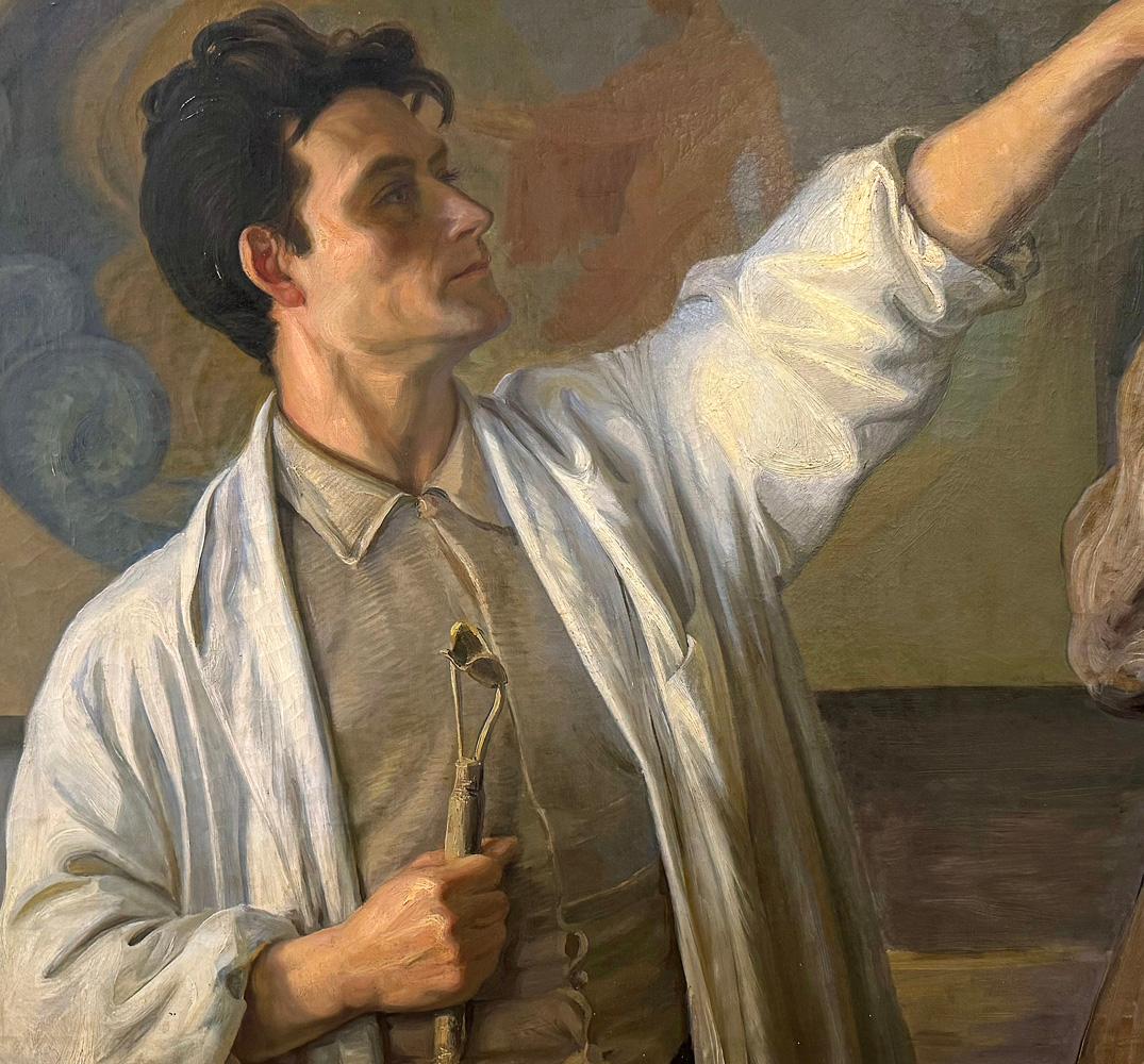 Brilliantly capturing the intensity and artistry of the sculptor at work, this large and important painting by Oscar Matthiesen depicts his subject with wild, unkempt hair and a lean frame. The sculptor has rolled up the sleeves of his artist smock