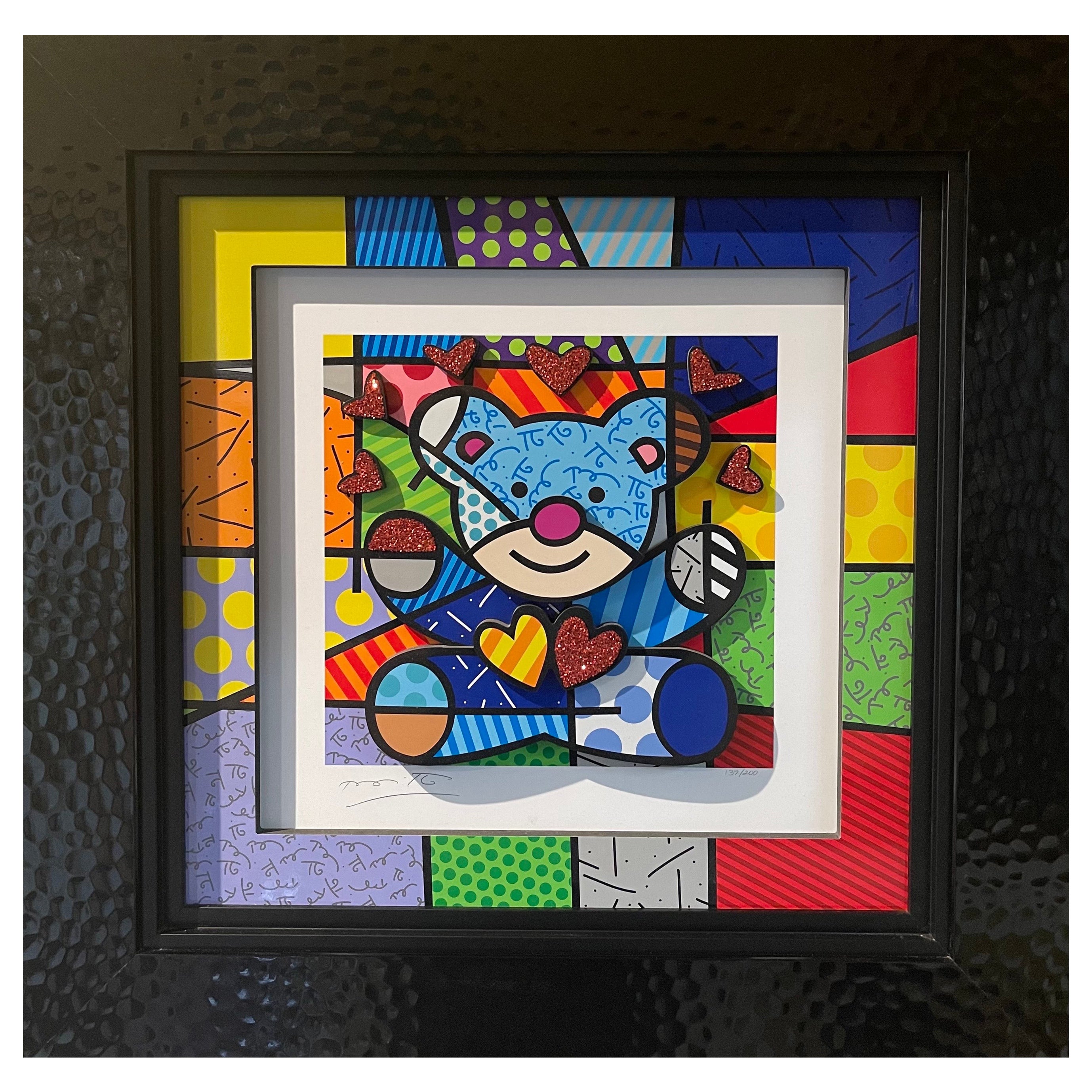 Sculptograph Mixed Media Three Dimensional Bear "Hugs" by Romero Britto