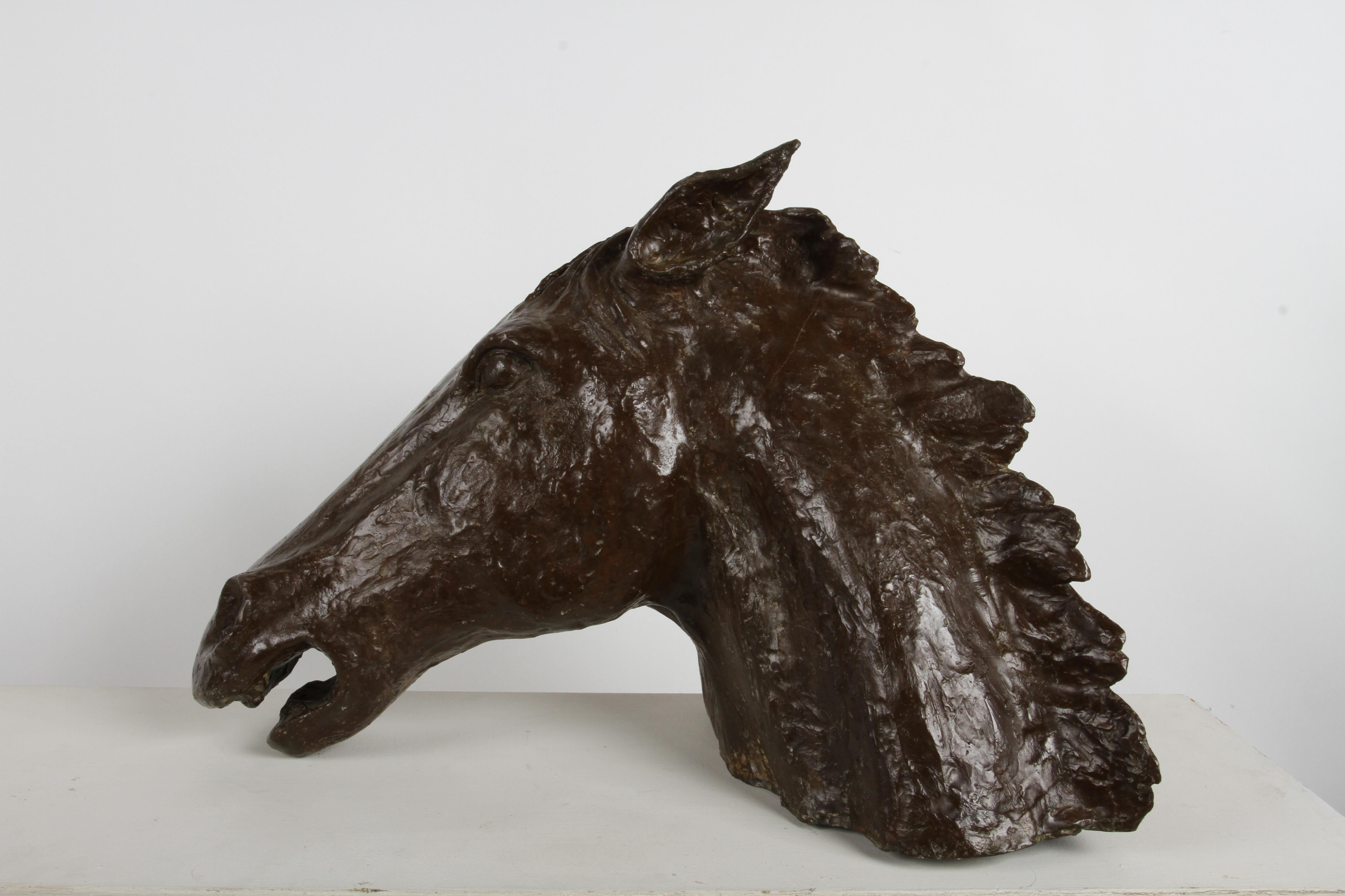For the horse lover, this unique life size bronze horse head bust with artist applied patina by California Artist & Sculptor Roy T. “Tom” Bill (1946-2017). Tom received his BA in Art from Long Beach State University in 1969. From the estate of the