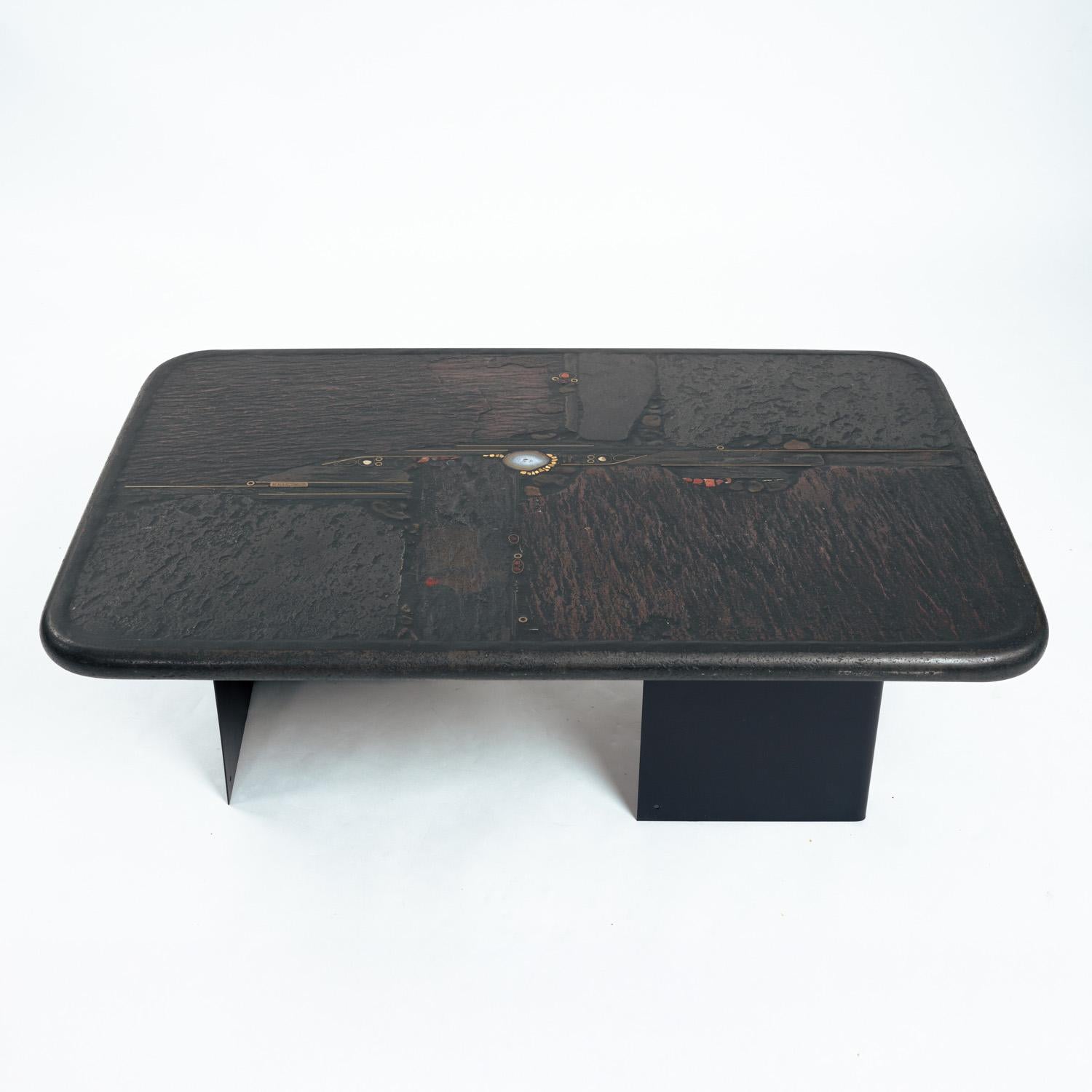 Brutalist Sculptor Paul Kingma center mozaic coffeetable with slate and gemstones, 1988 For Sale