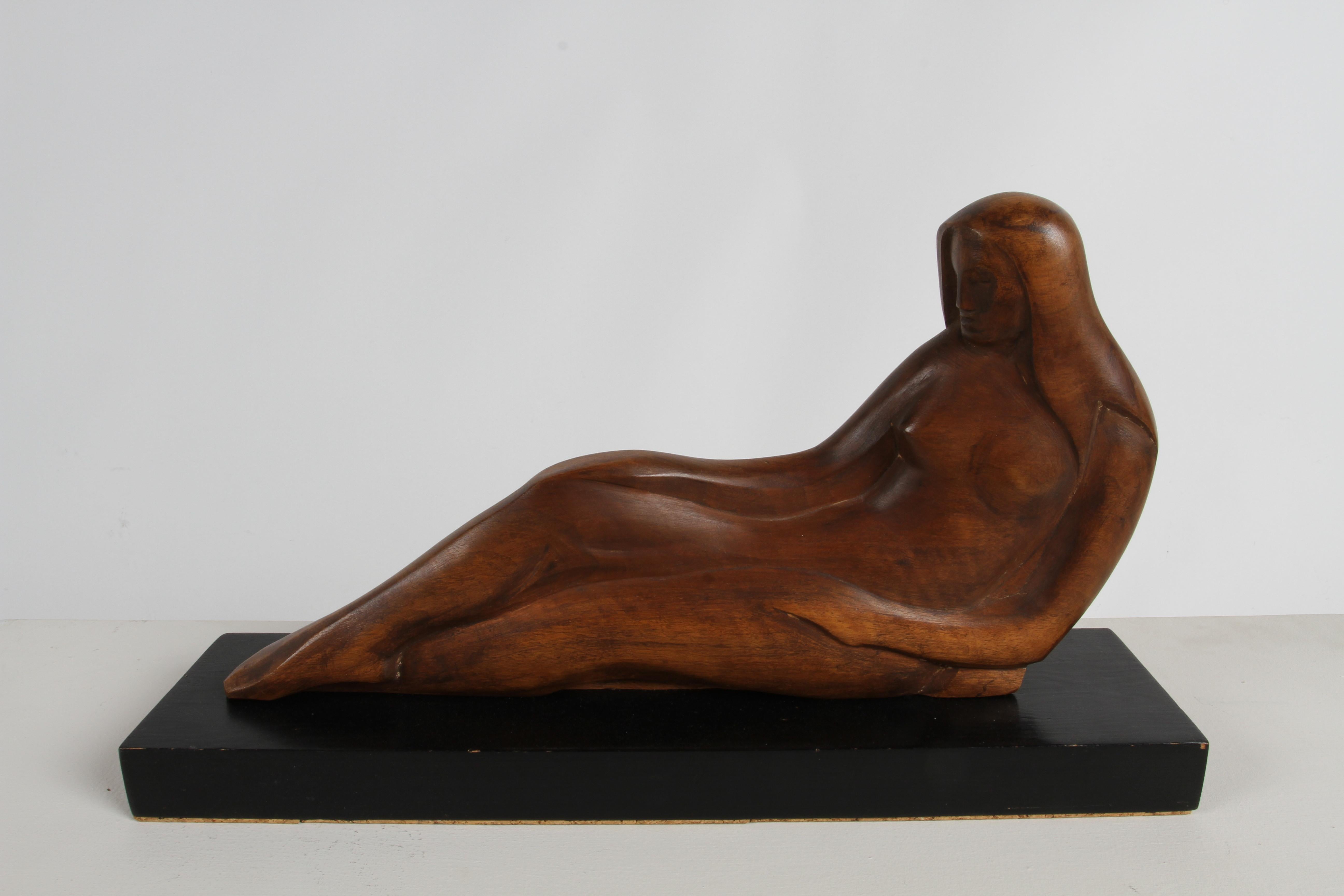 Listed artist / sculptor William Conrad Severson, (1924-1999), organic mid-century modern hand sculpted wood reclining nude female. A beautiful early piece of work, signed Wm. C. Severson and dated 1957. Abstract female form carved out of single