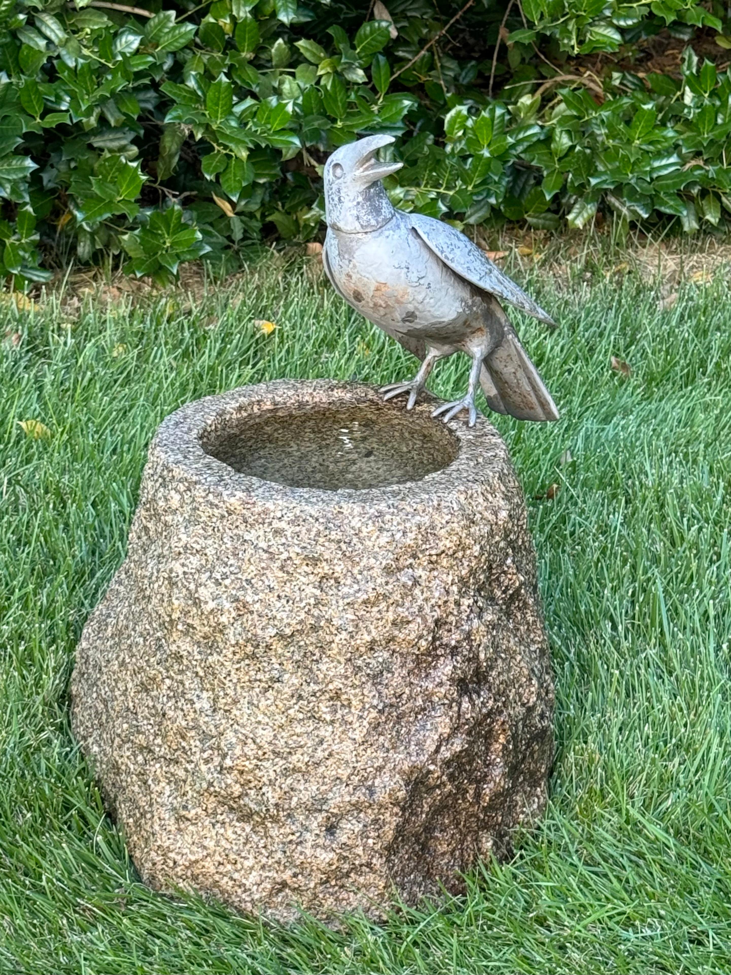 Unique en son genre, l'artiste William Conrad Severson a réalisé une sculpture de corbeau en plomb et une fontaine de bain d'oiseaux en granit pour le jardin. Commande de collectionneurs d'art locaux pour leur jardin à la fin des années 1970.