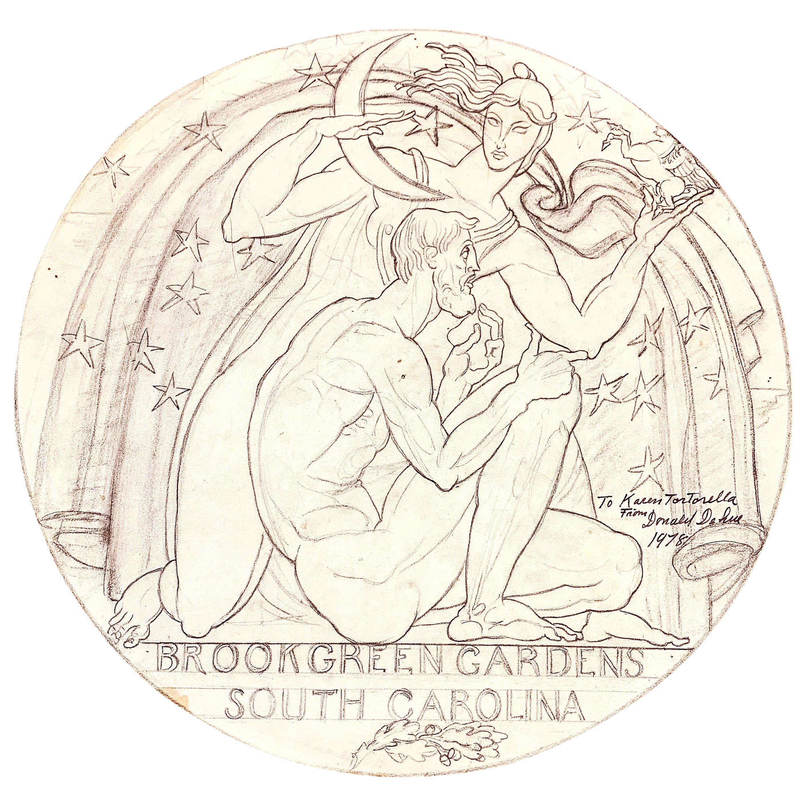 "Sculptor's Medal, " Art Deco Drawing of Nude, Bearded Sculptor and Goddess Diana