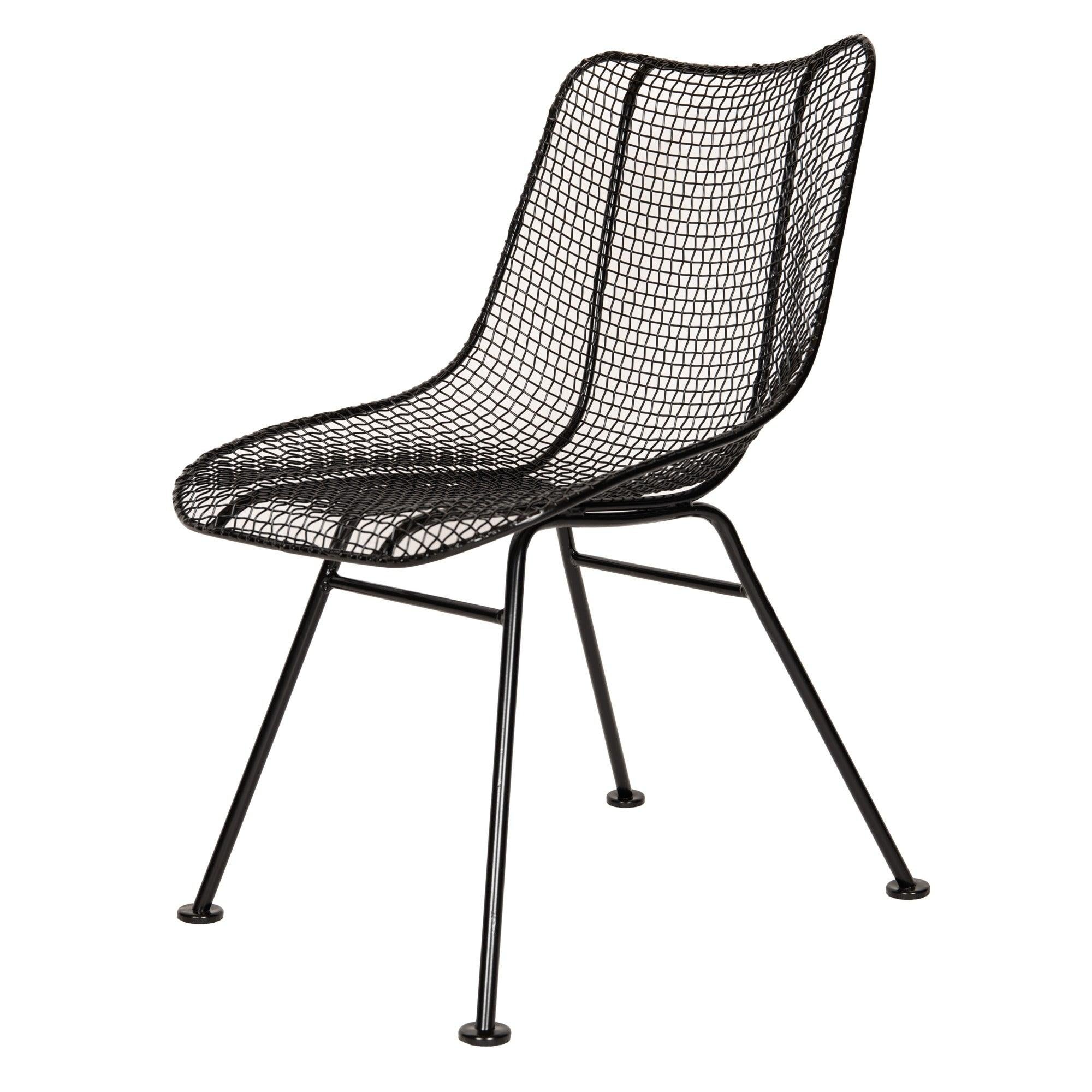 A black wire mesh dining chair for indoor or outdoor use.