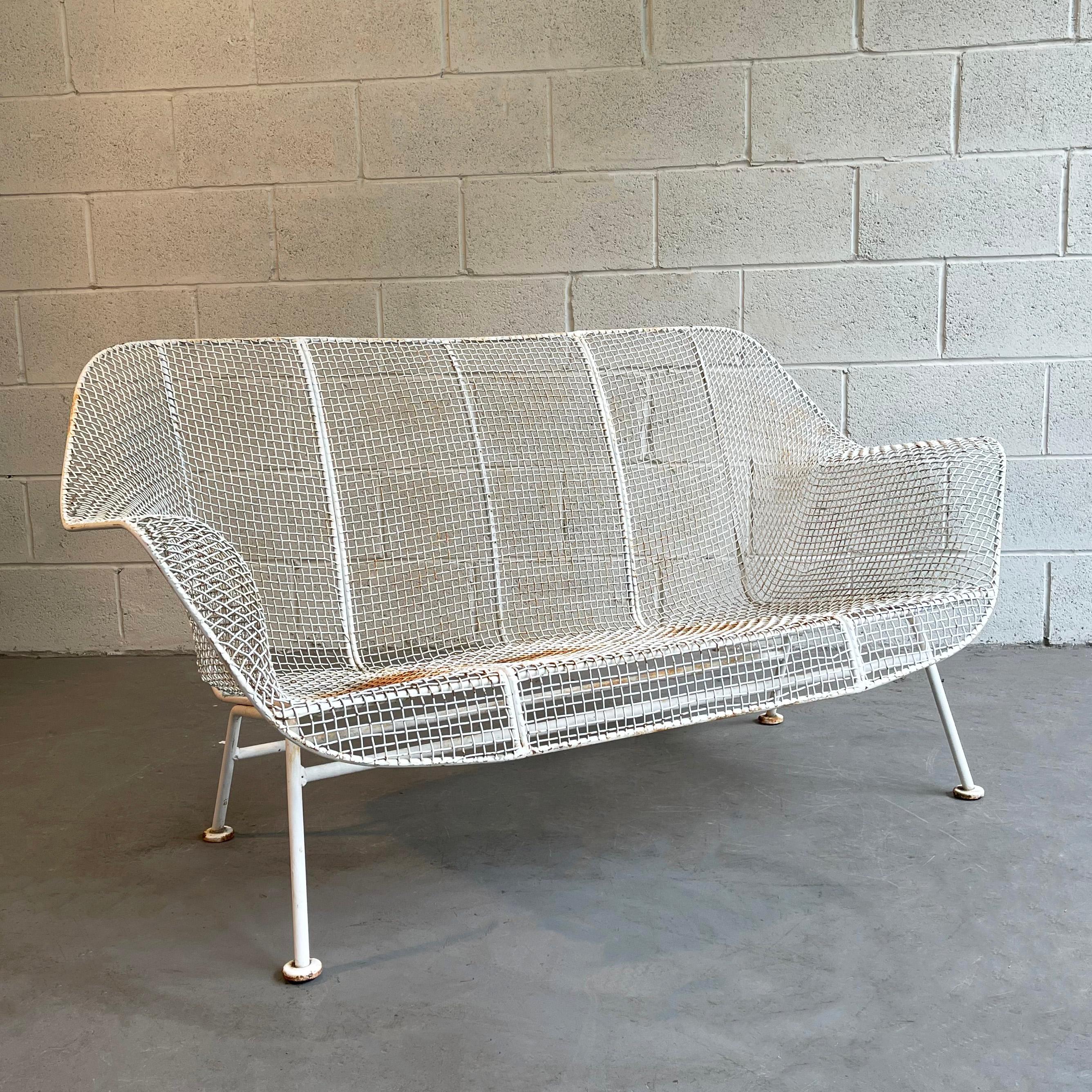 Mid-Century Modern, outdoor, patio, powder-coated, steel mesh and wrought iron loveseat sofa by Russell Woodard, Sculptura.