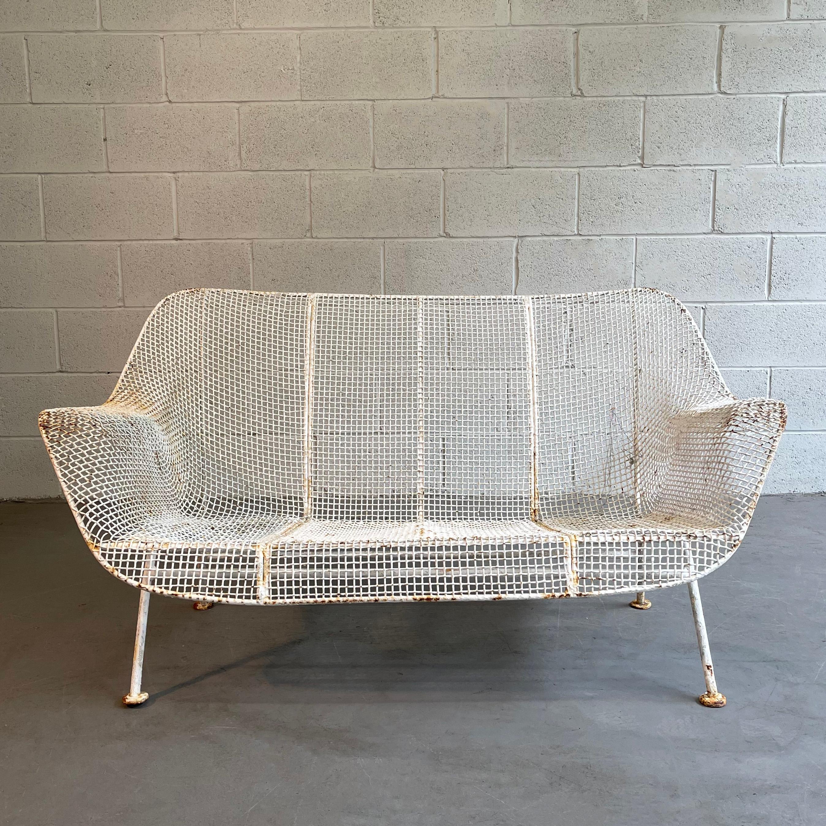 Mid-Century Modern, outdoor, patio, powder-coated, steel mesh and wrought iron loveseat sofa by Russell Woodard, Sculptura. Cushions are not available.