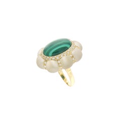 Sculptural 14k Yellow Gold Rock Crystal Diamonds Malachite Cocktail Ring, Italy