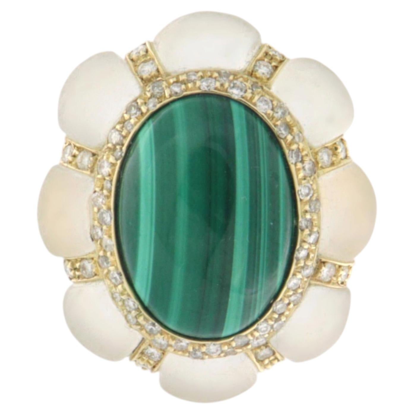Skulpturaler 14k Gelbgold Bergkristall Diamanten Malachit Cocktail Ring, Italien im Angebot