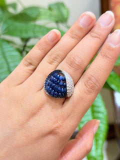 Sculptural 18K White Gold Cocktail Ring with blue Sapphire Beads & Pavé Accents