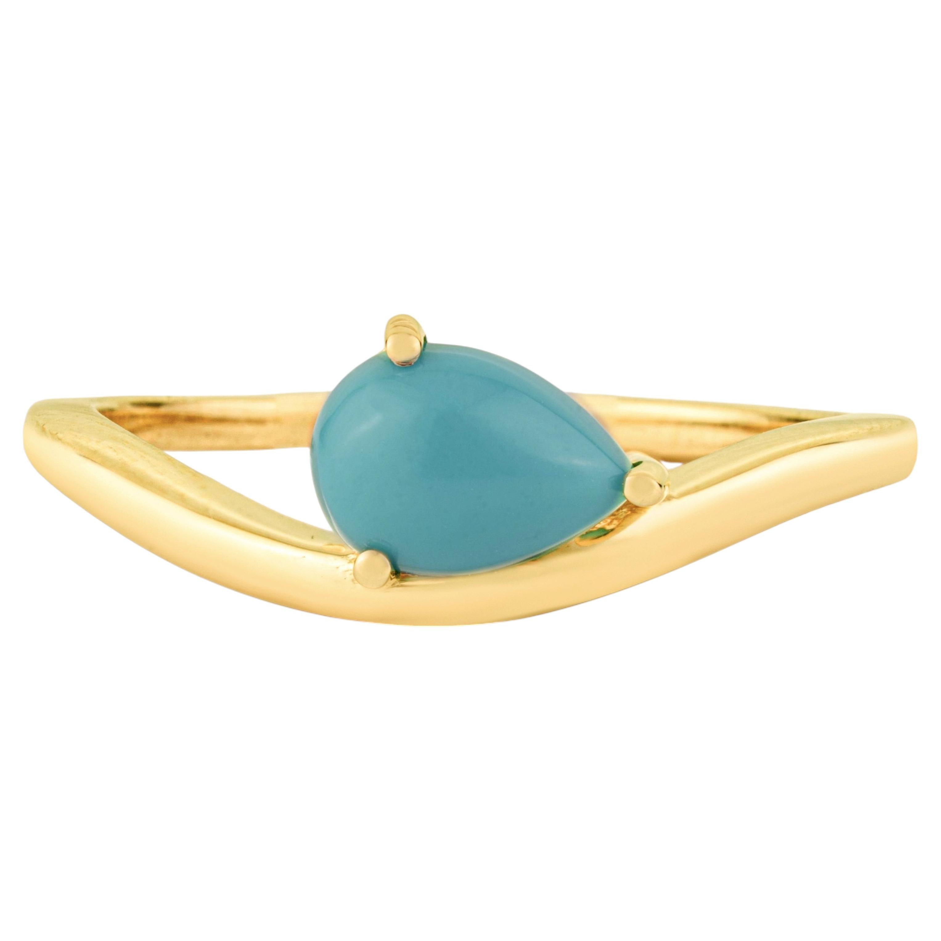 For Sale:  Sculptural 18K Yellow Gold Wavy Band Ring with Teardrop Cabochon Turquoise
