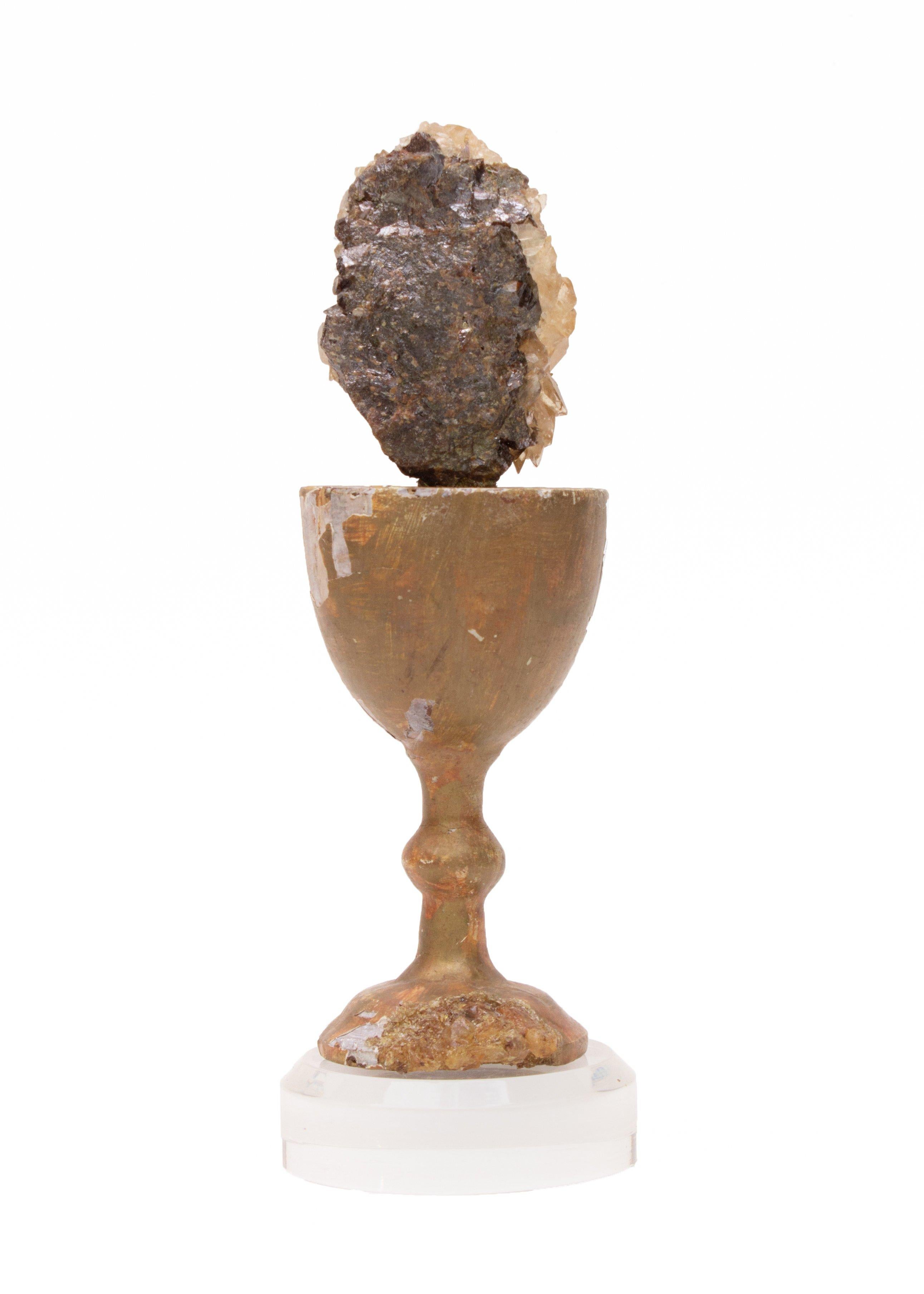 Rococo Sculptural 18th Century Chalice with Calcite Crystals in Sphalerite on Lucite For Sale