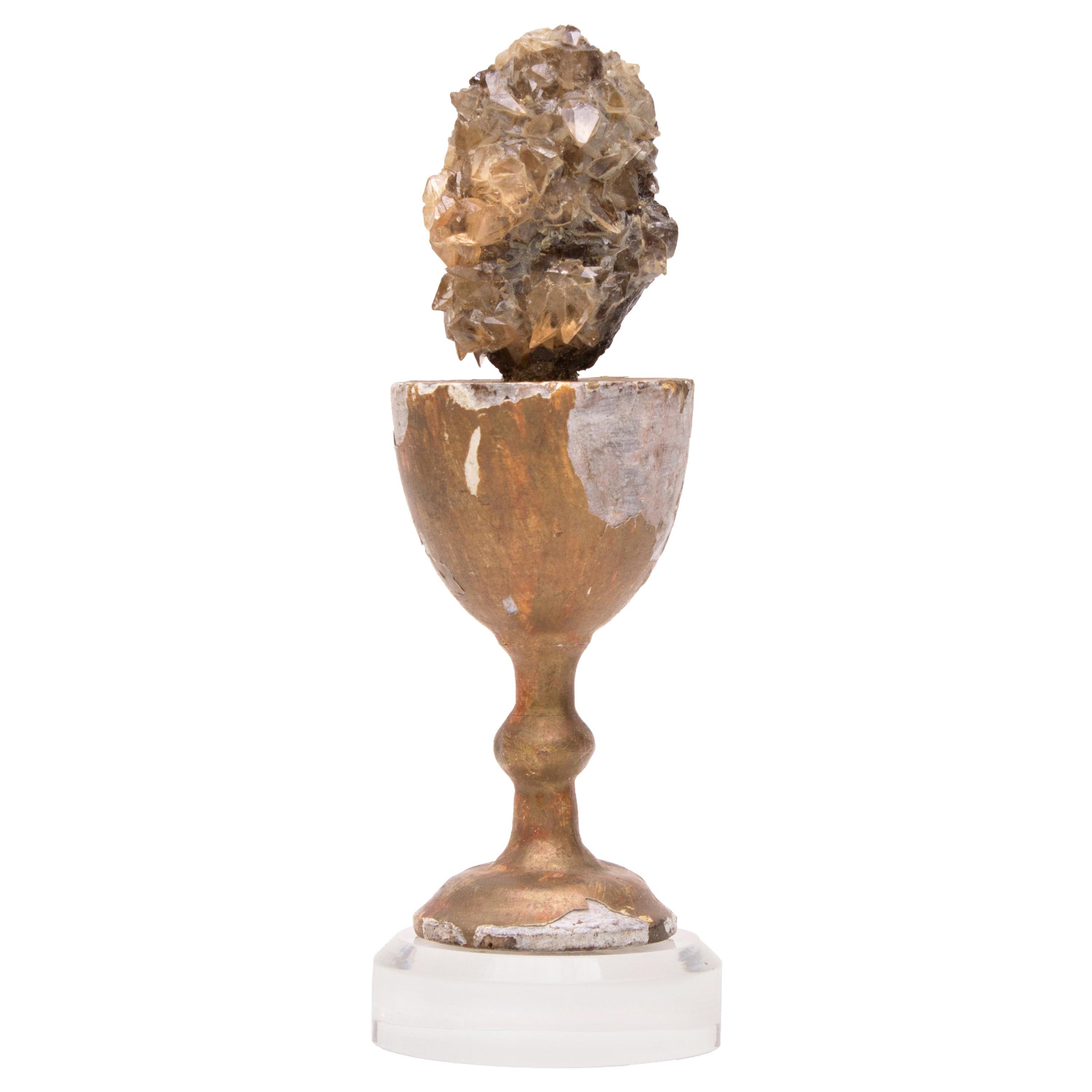 Sculptural 18th Century Chalice with Calcite Crystals in Sphalerite on Lucite For Sale