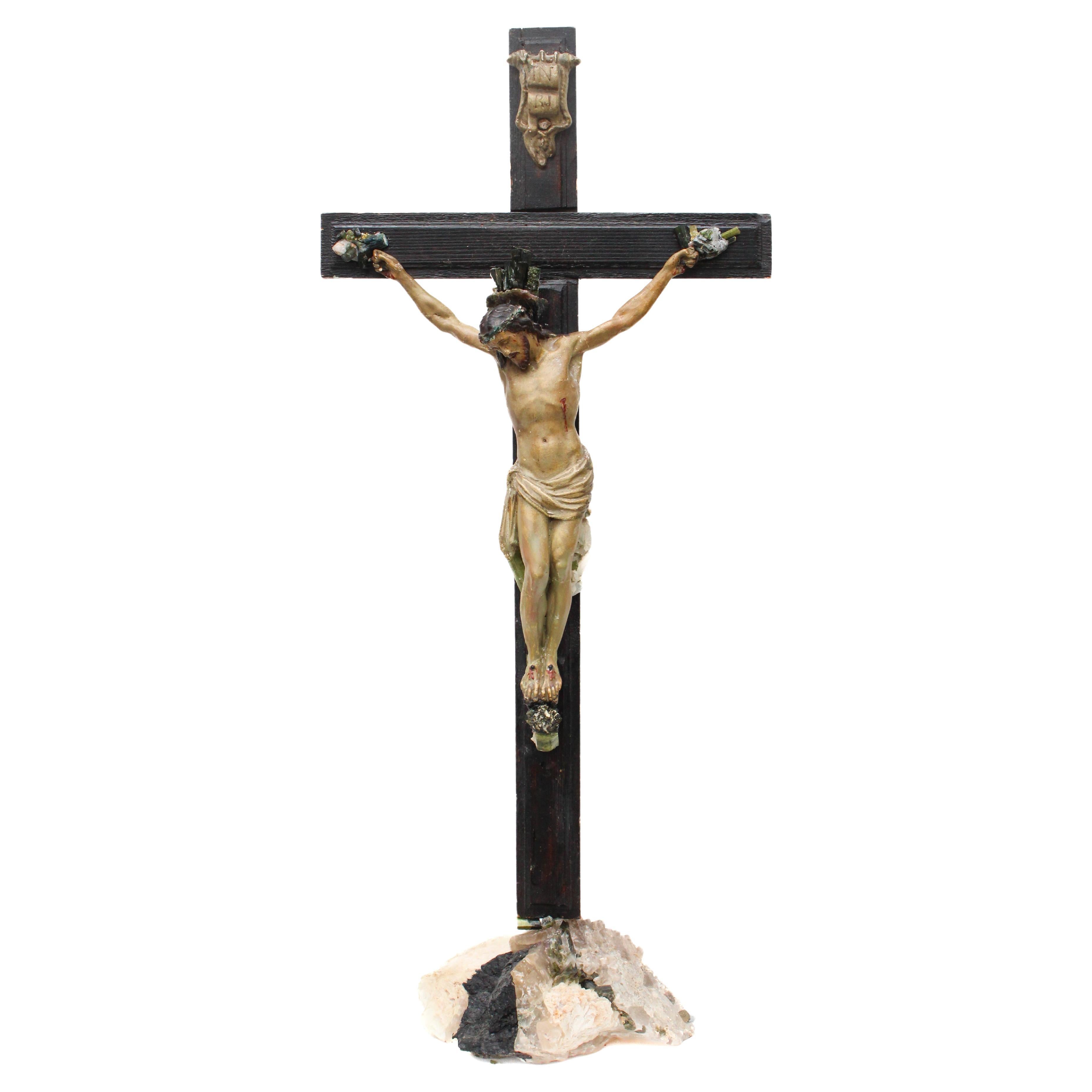 Sculptural 18th Century Italian Black Crucifix with Tourmaline in Matrix For Sale