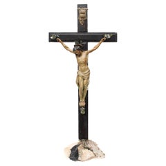 Vintage Sculptural 18th Century Italian Black Crucifix with Tourmaline in Matrix