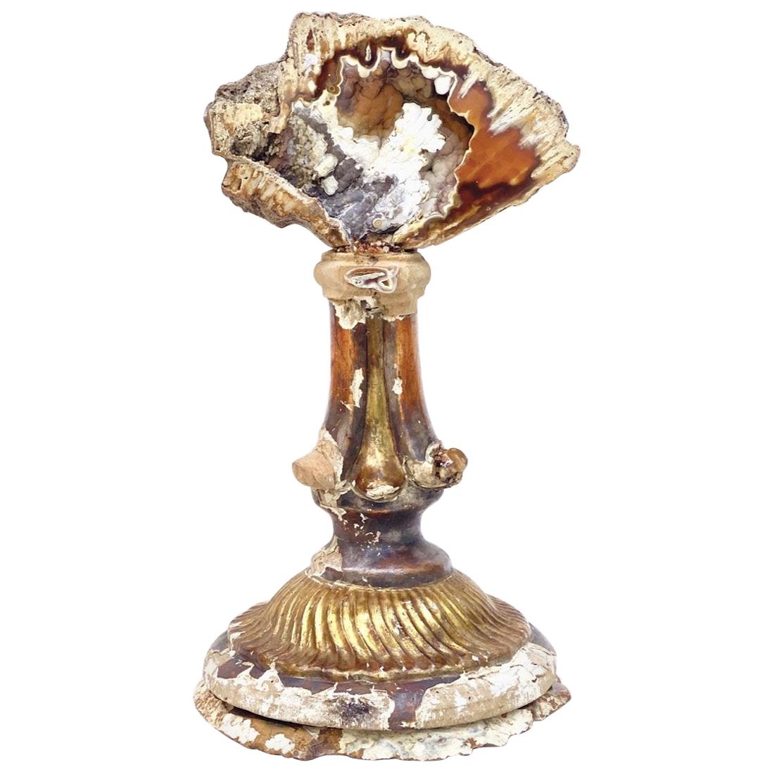 Sculptural 18th Century Italian Candlestick Base with Agatized Coral on Agate