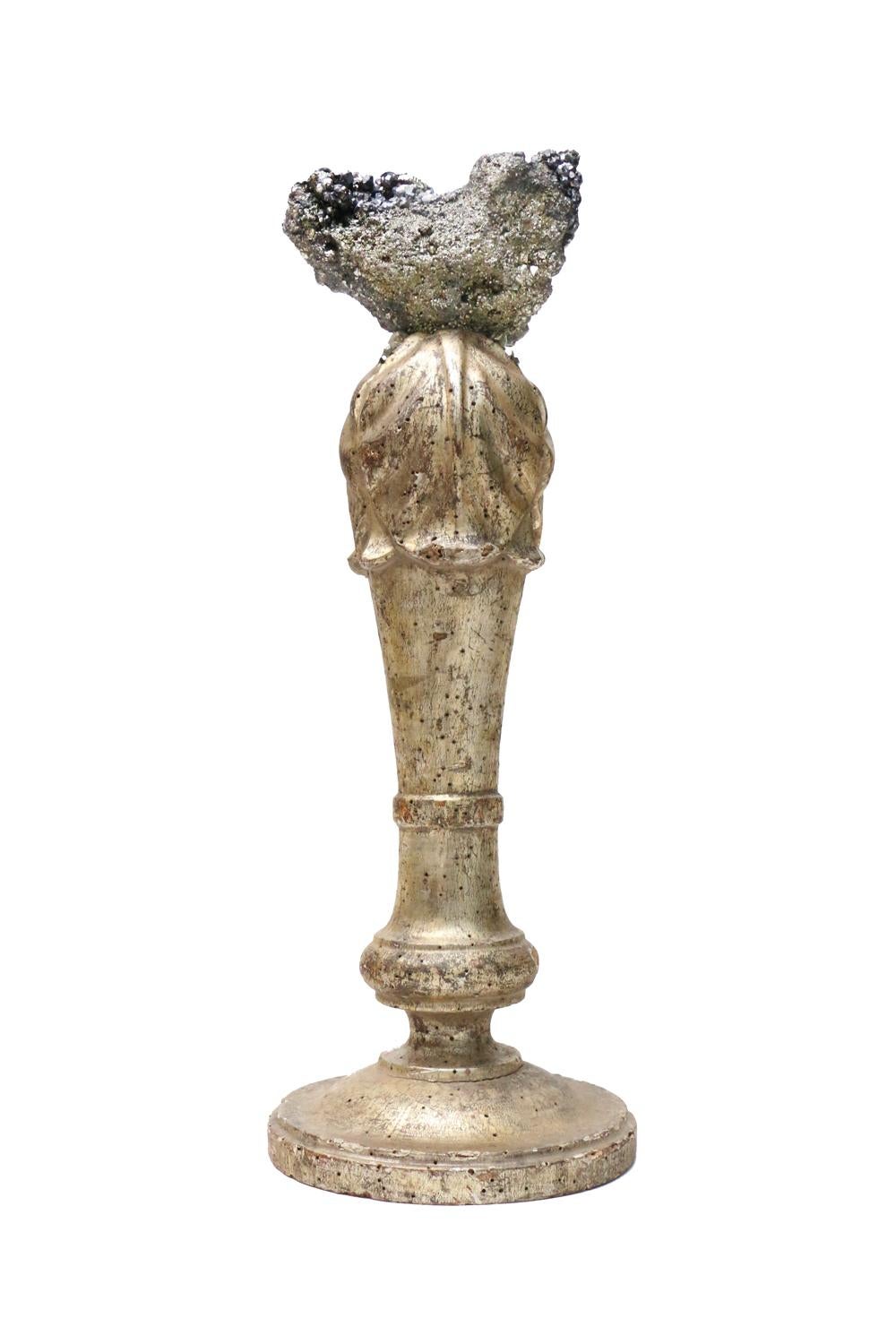 Sculptural 18th century Italian candlestick mounted with galena and pyrite deposits.

The gilded fragment was originally part of a candlestick in a historical Italian church in Italy. It is mounted with the coordinating galena and pyrite which is a