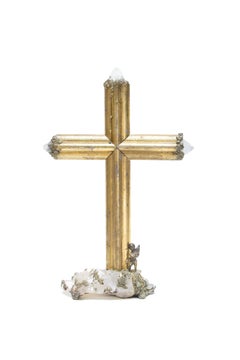 Sculptural 18th Century Italian Cross Mounted on a Crystal Cluster with Pyrite