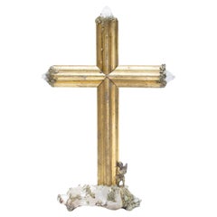 Sculptural 18th Century Italian Cross Mounted on a Crystal Cluster with Pyrite