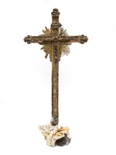 Sculptural 18th Century Italian Cross with Smoky Quartz Crystals and Pyrite