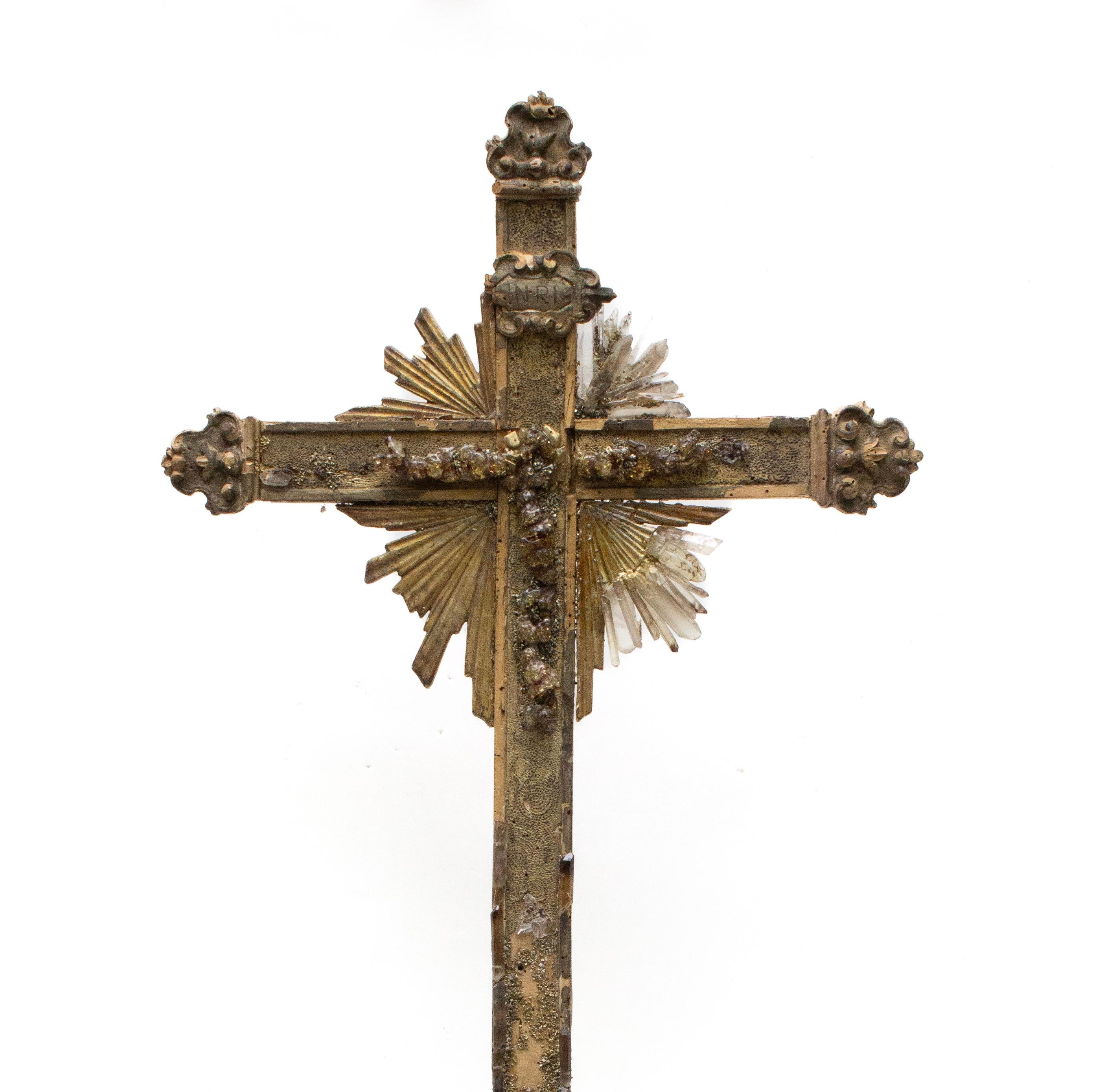 Rococo Sculptural 18th Century Italian Cross with Smoky Quartz Crystals and Pyrite For Sale