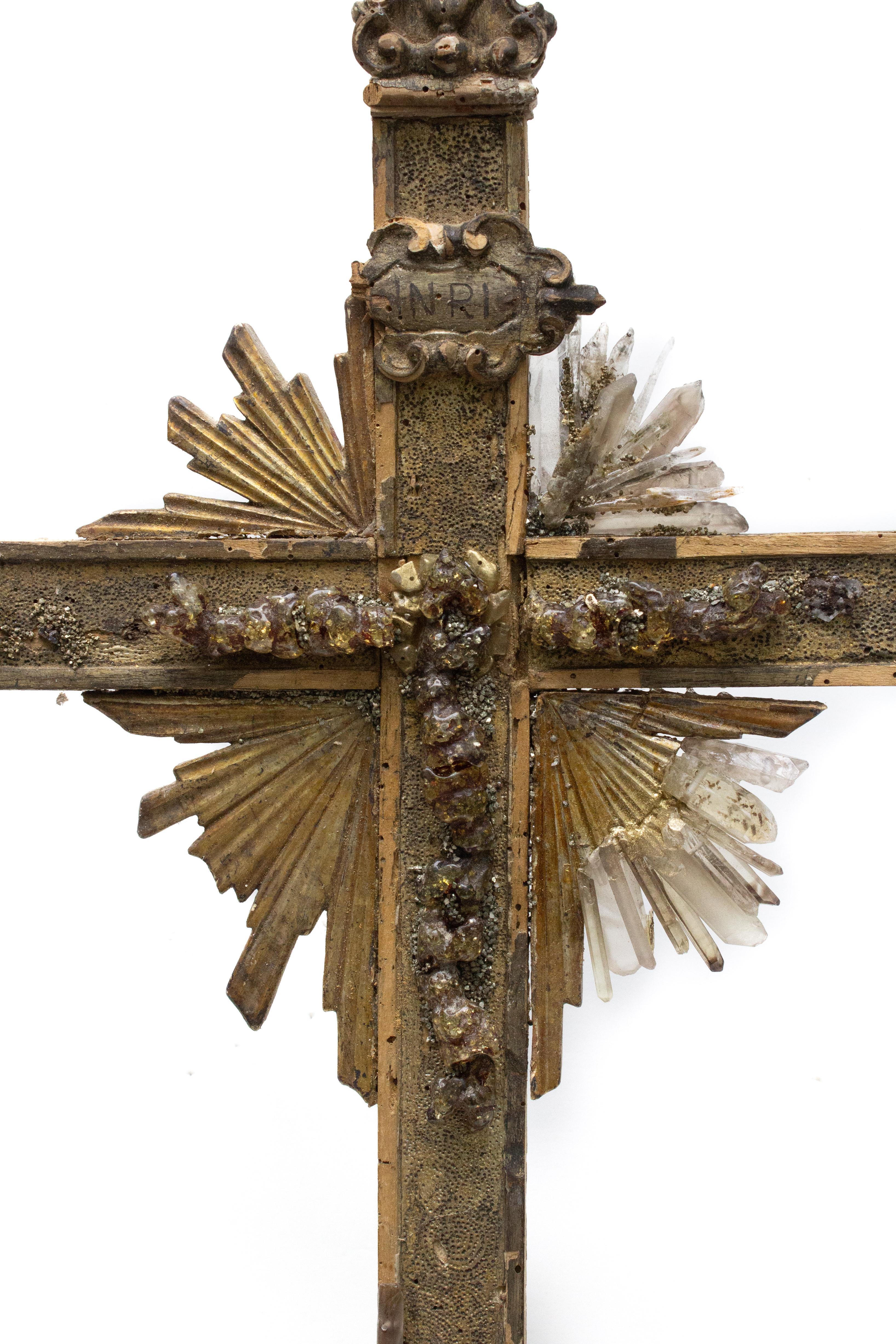 Hand-Carved Sculptural 18th Century Italian Cross with Smoky Quartz Crystals and Pyrite For Sale