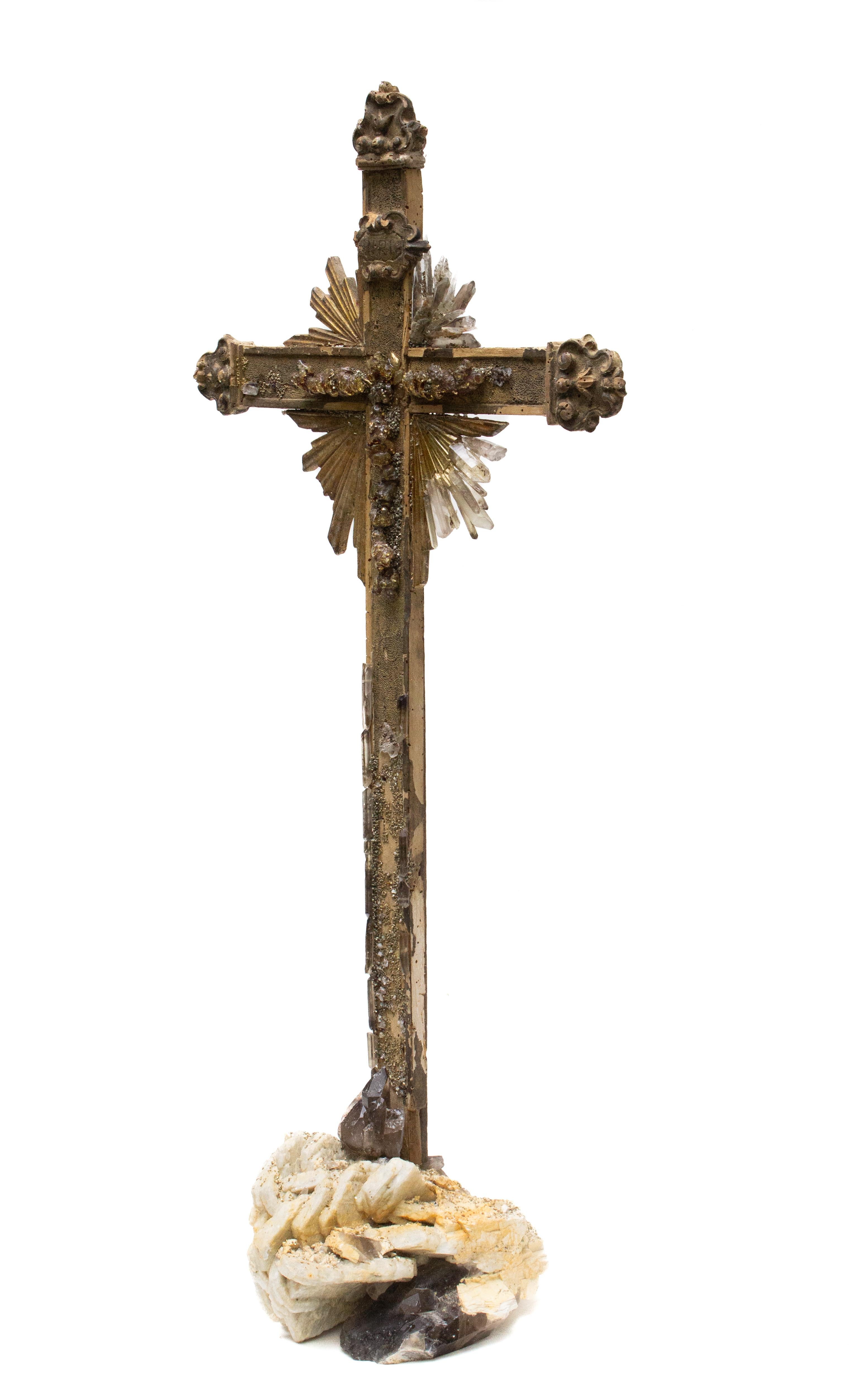 18th Century and Earlier Sculptural 18th Century Italian Cross with Smoky Quartz Crystals and Pyrite For Sale