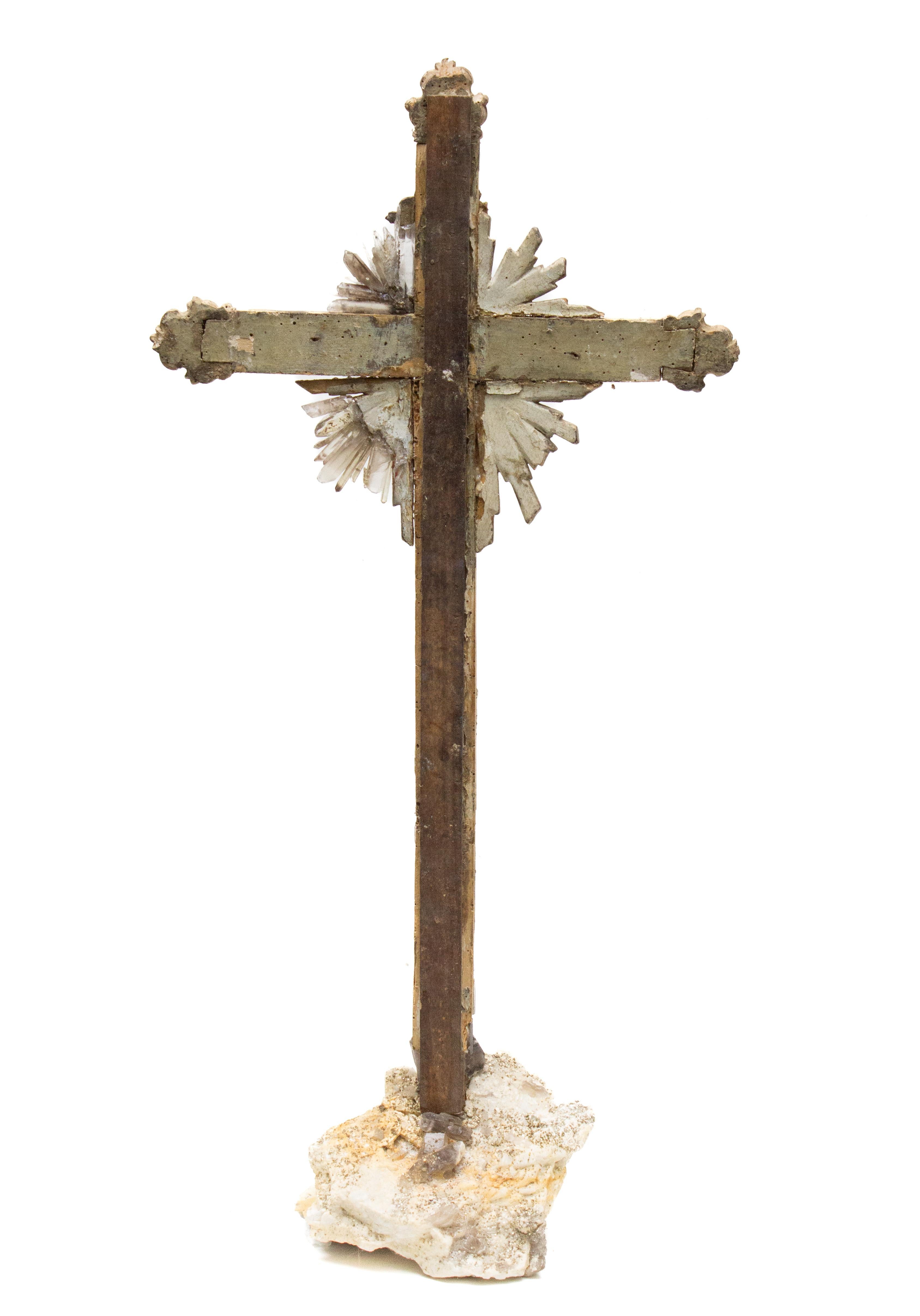 Sculptural 18th Century Italian Cross with Smoky Quartz Crystals and Pyrite For Sale 1
