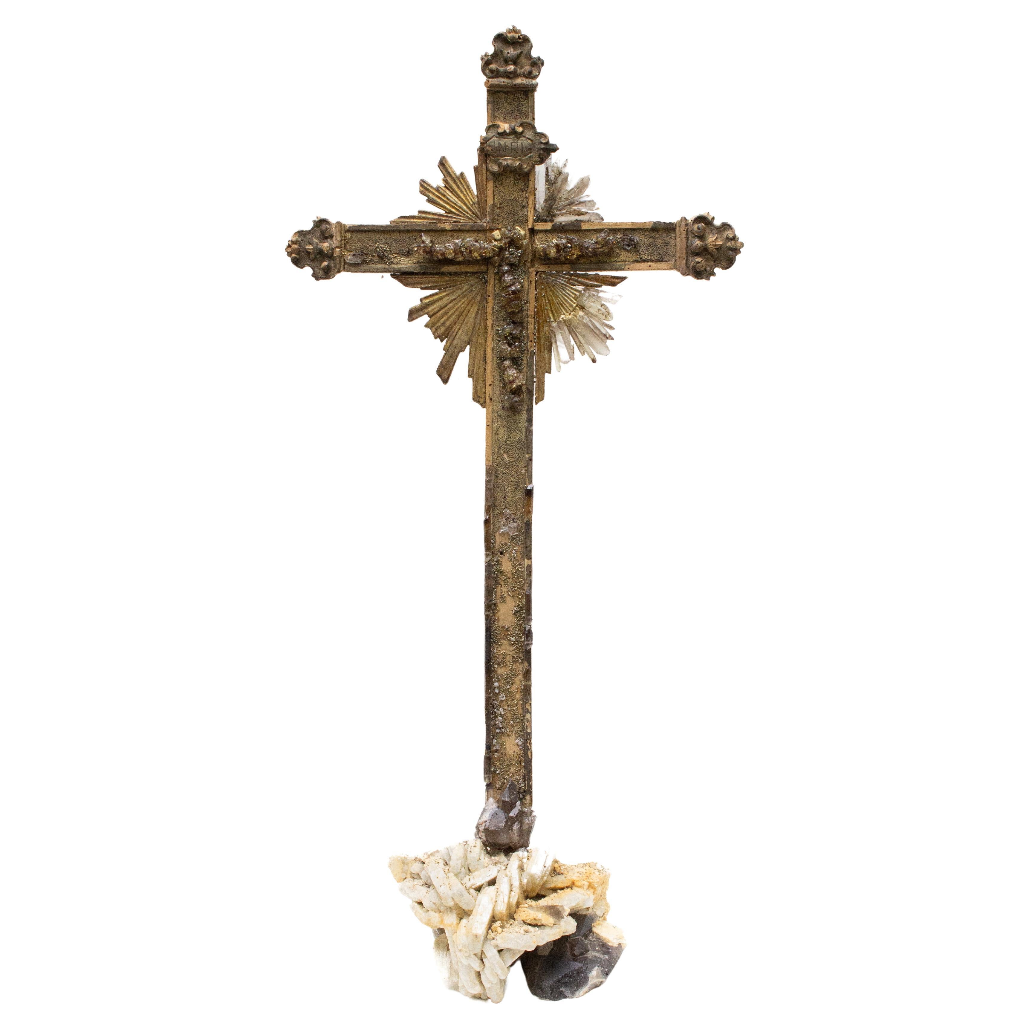 Sculptural 18th Century Italian Cross with Smoky Quartz Crystals and Pyrite For Sale