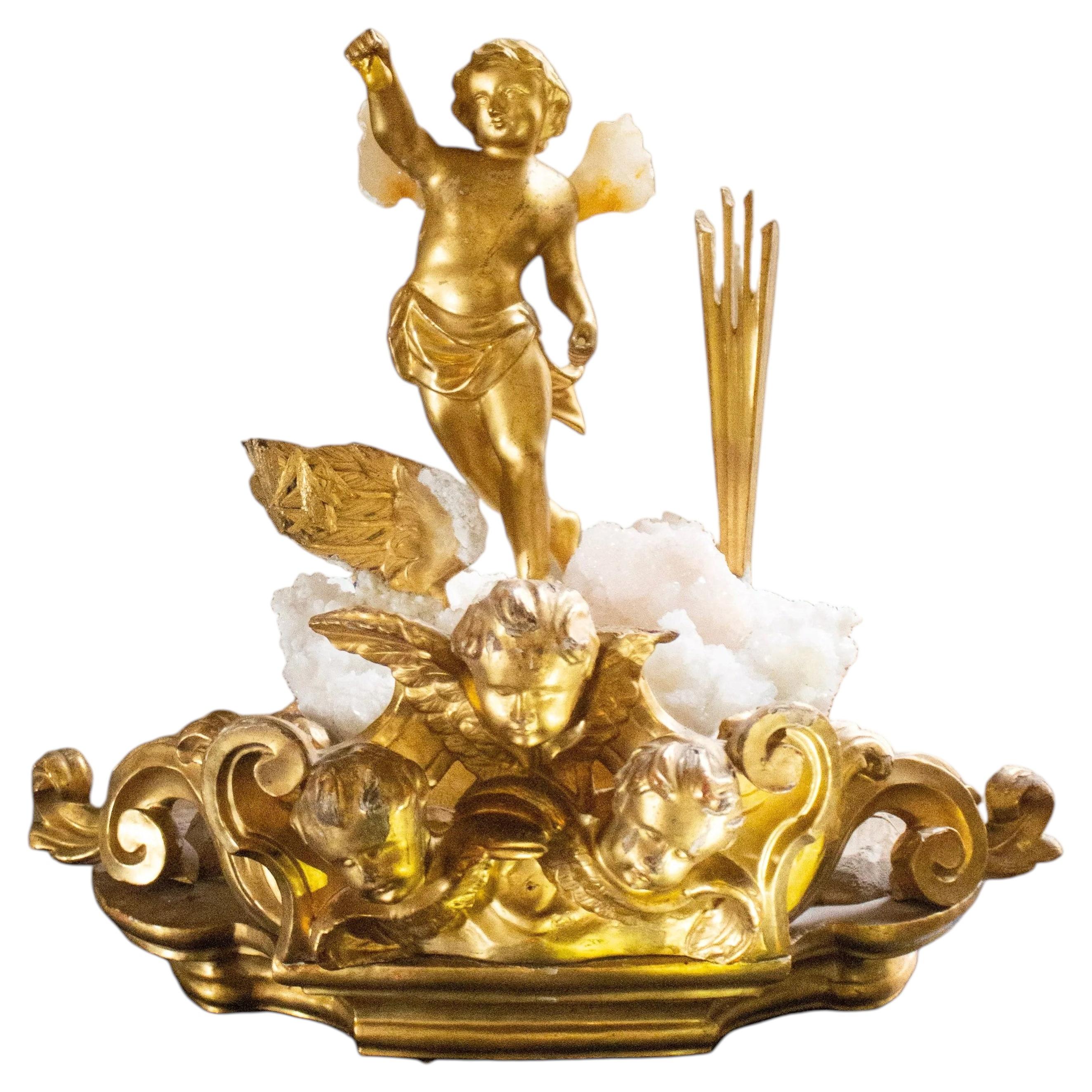 Sculptural 18th Century Italian Crown with Gilded Angel Fragments and Aragonite