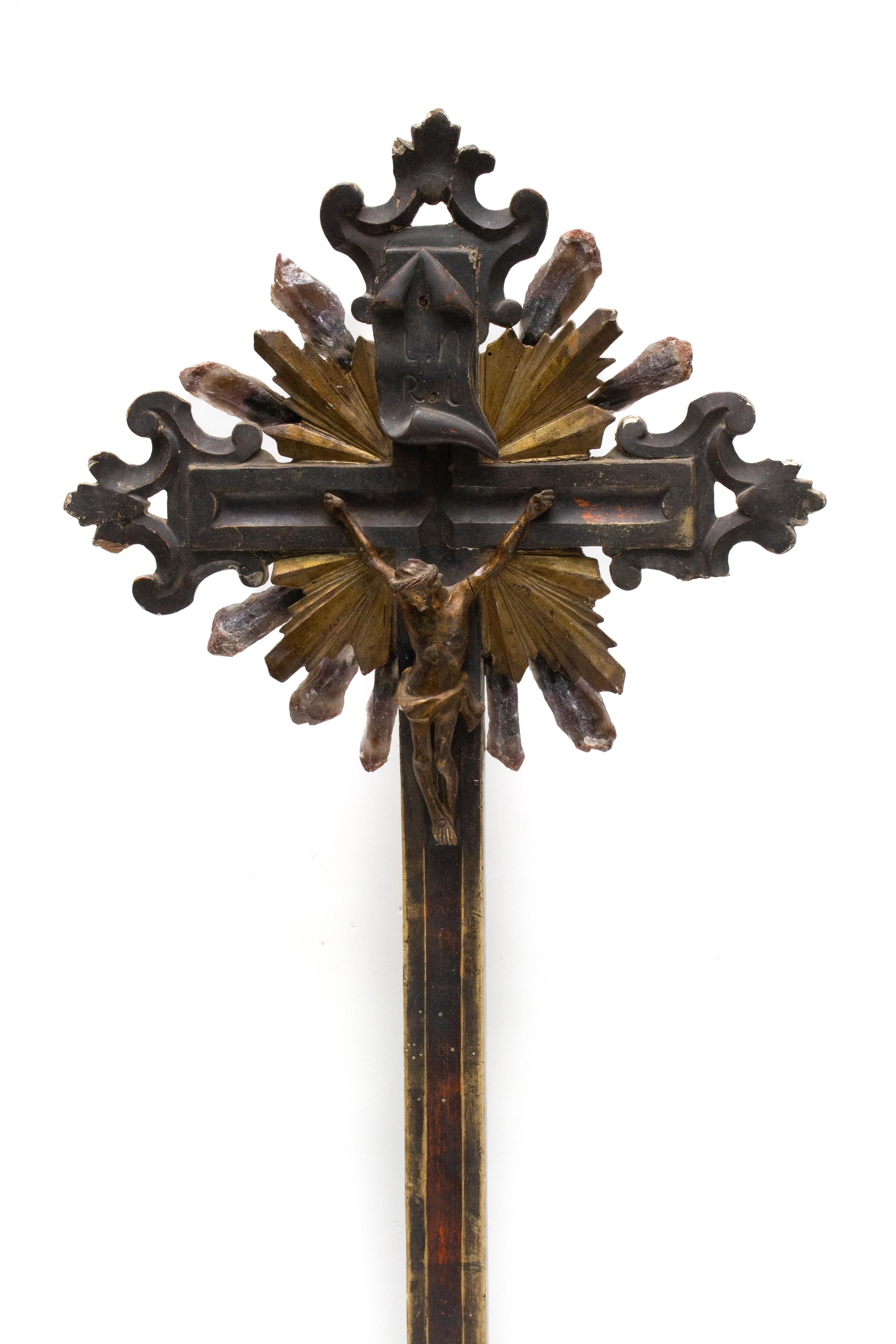 Rococo Sculptural 18th Century Italian Crucifix Mounted on Jasper with Crystal Points For Sale