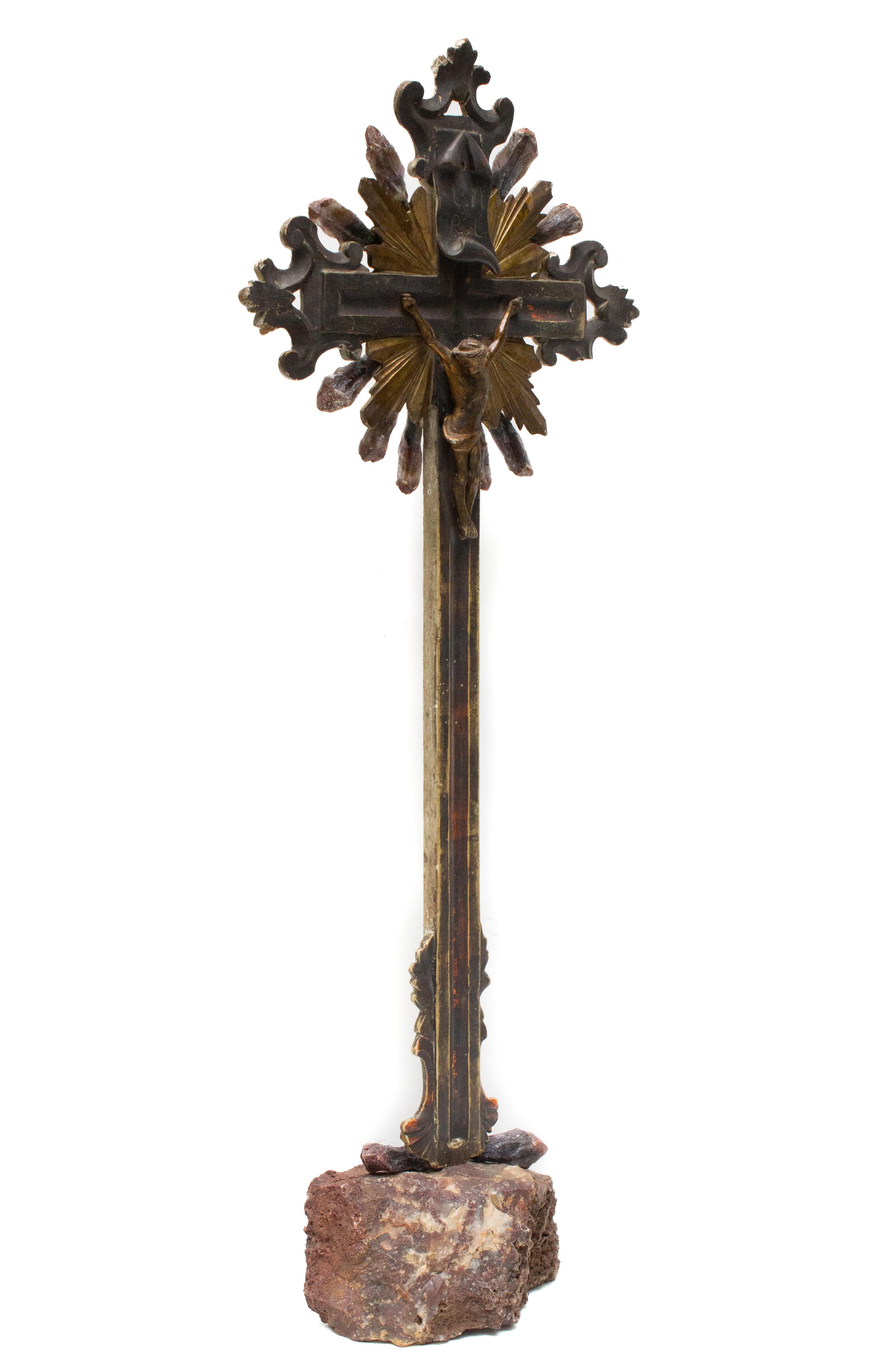 18th Century and Earlier Sculptural 18th Century Italian Crucifix Mounted on Jasper with Crystal Points For Sale