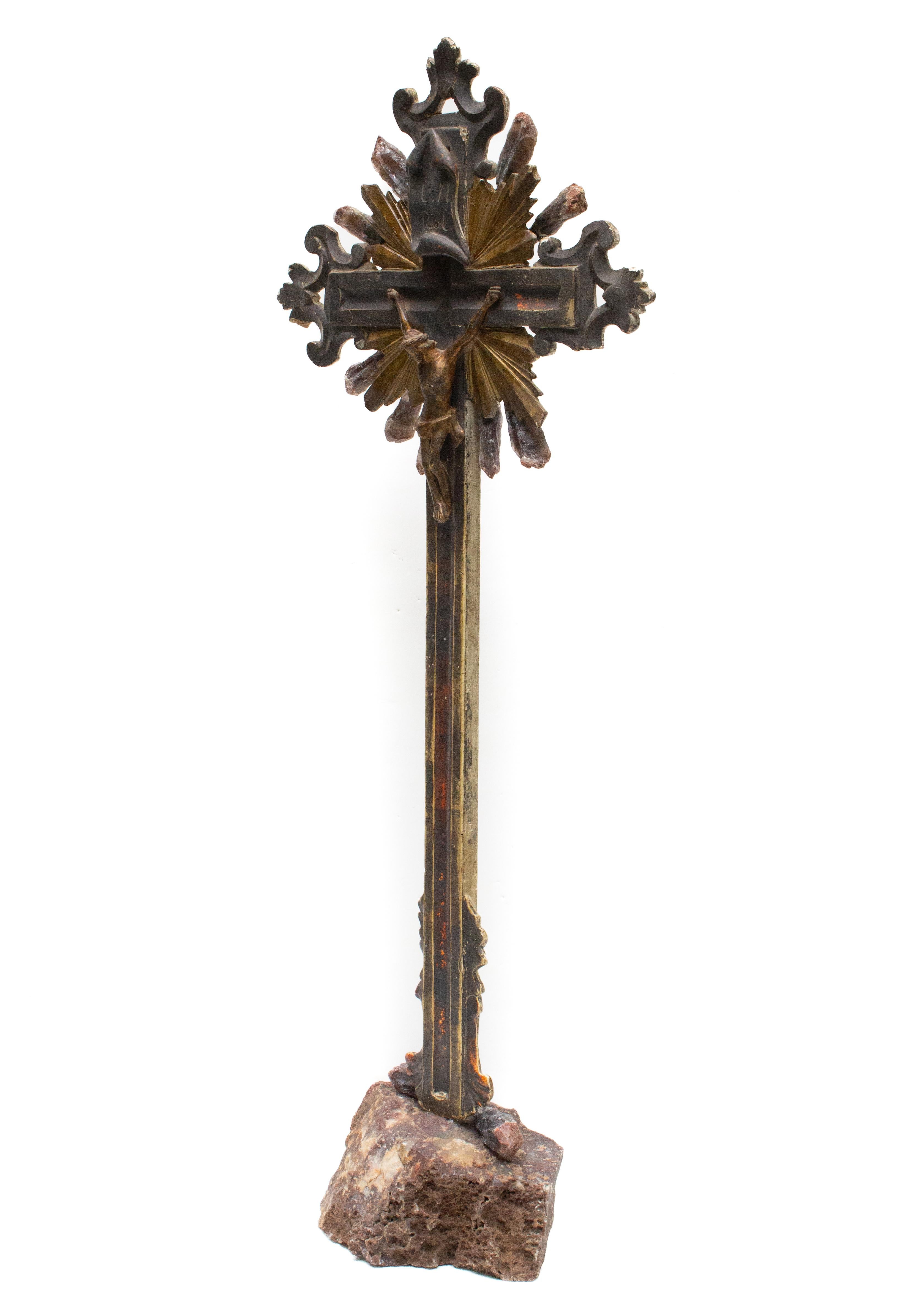 Agate Sculptural 18th Century Italian Crucifix Mounted on Jasper with Crystal Points For Sale