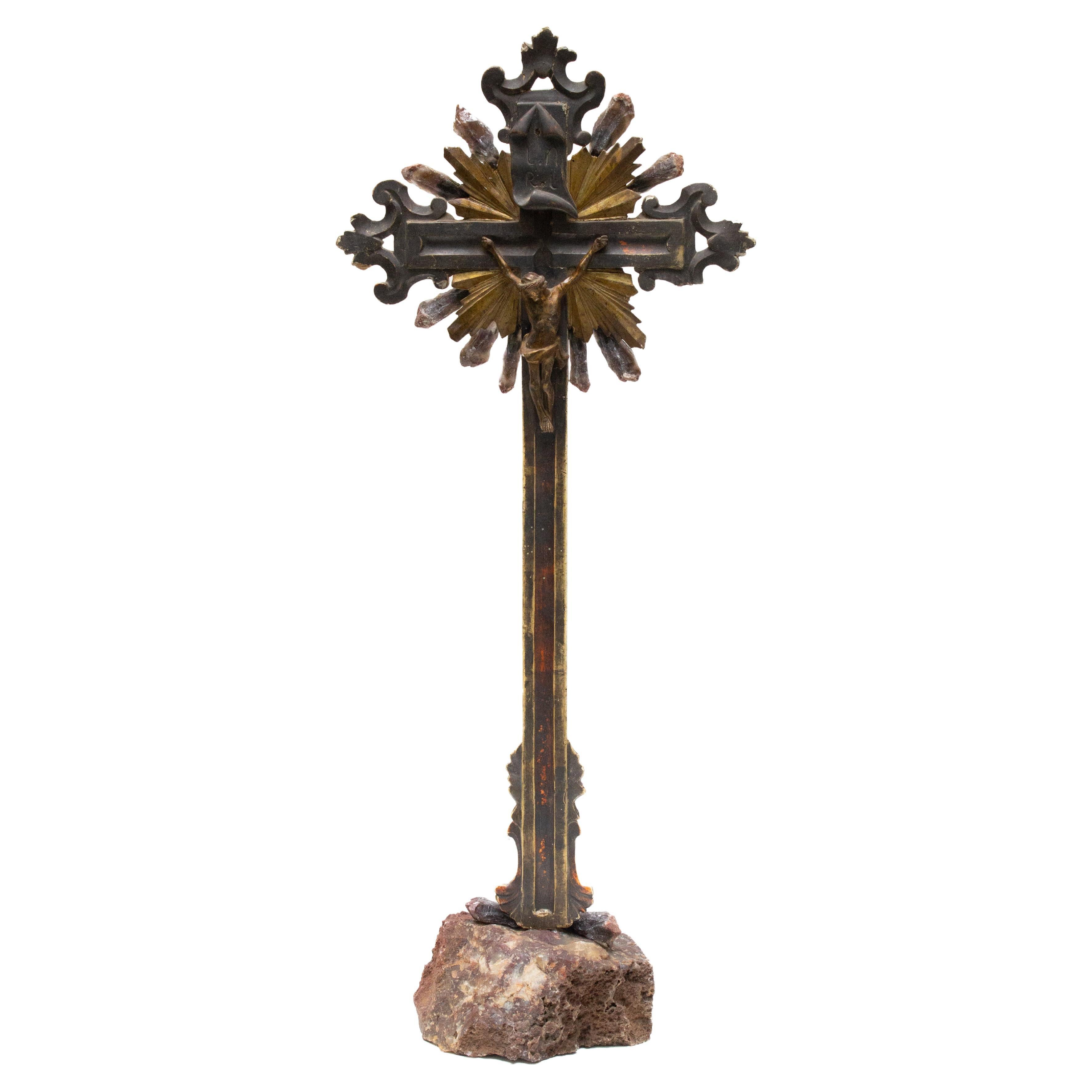 Sculptural 18th Century Italian Crucifix Mounted on Jasper with Crystal Points For Sale