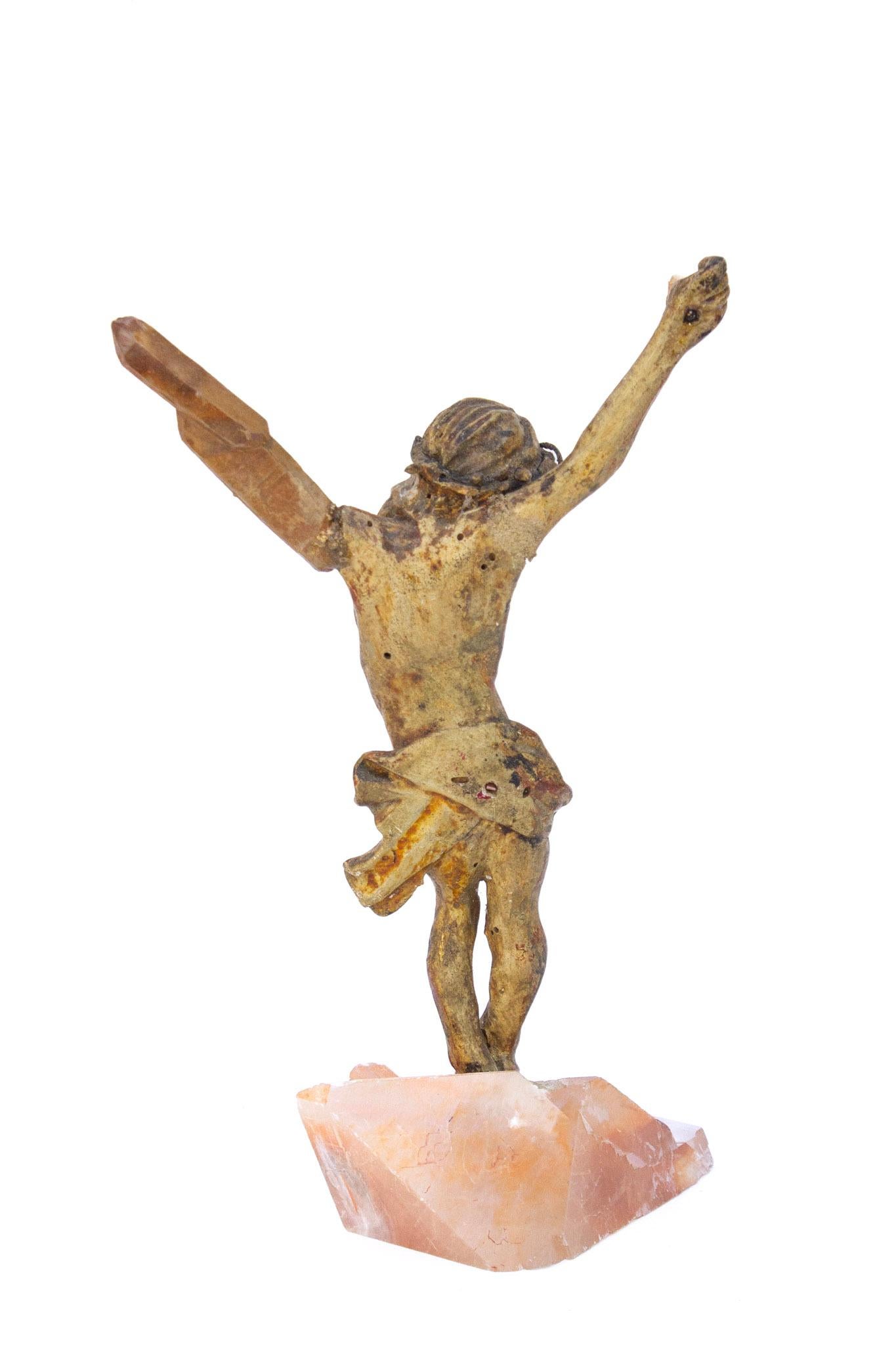 Crystal Sculptural 18th Century Italian Figure of Christ on Phantom Red Optical Calcite For Sale