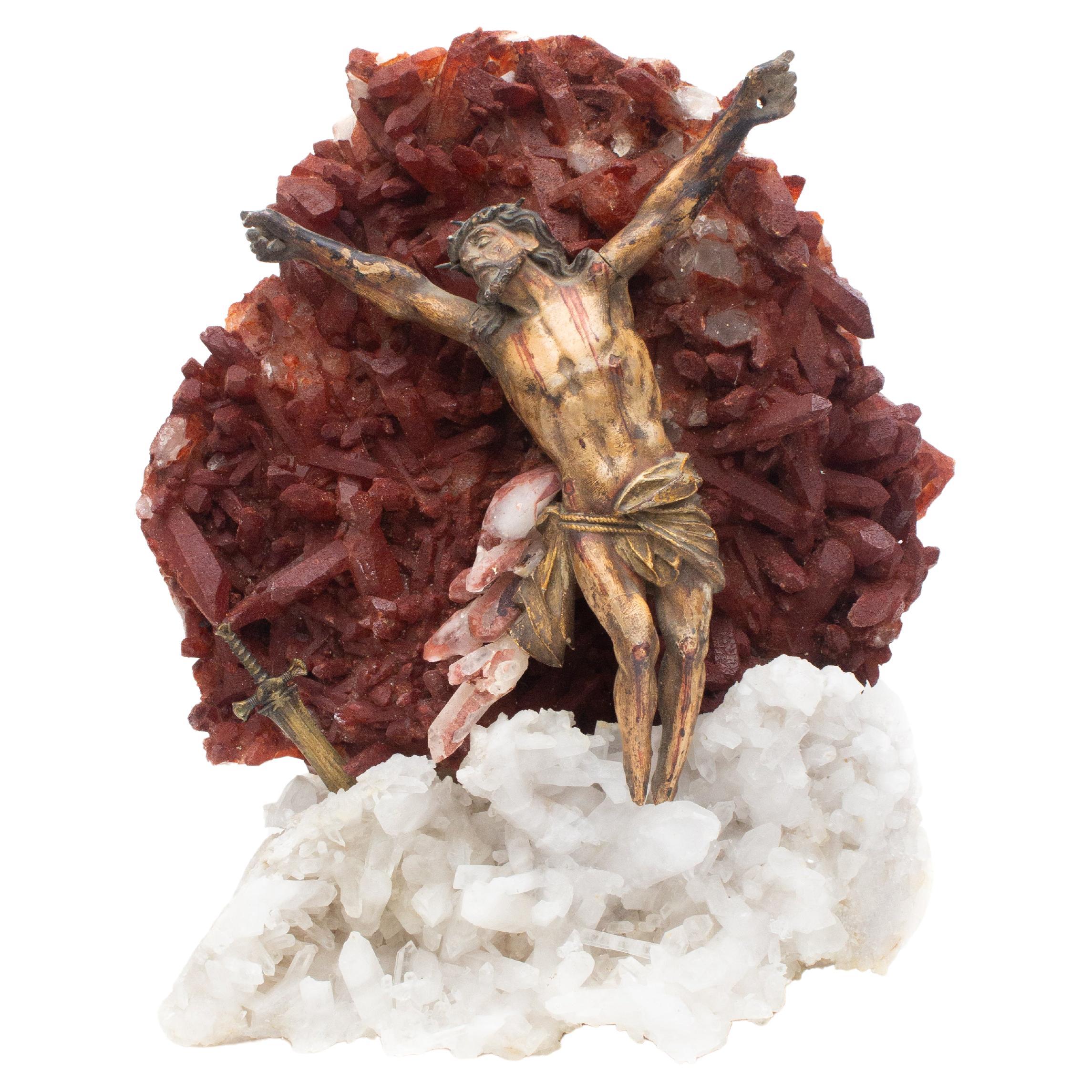 Sculptural 18th Century Italian Figure of Christ on Red and White Crystal Quartz
