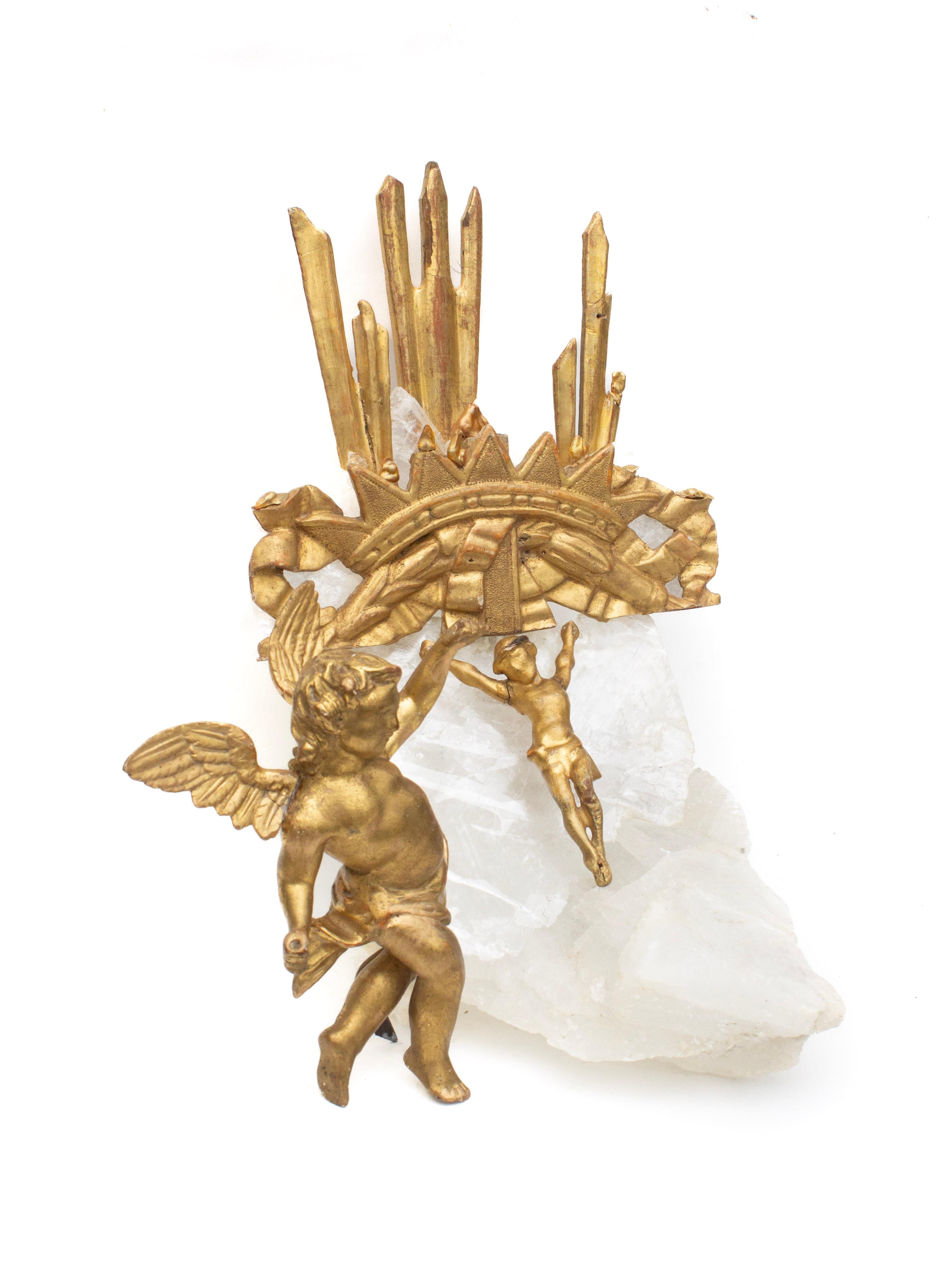 Sculptural 18th century Italian gilded corona, sunrays, figure of Christ, and angel adorned with baroque pearls mounted on selenite crystal.

This piece is based on Revelation 22:1 which reads, “Then the angel showed me the river of the water of